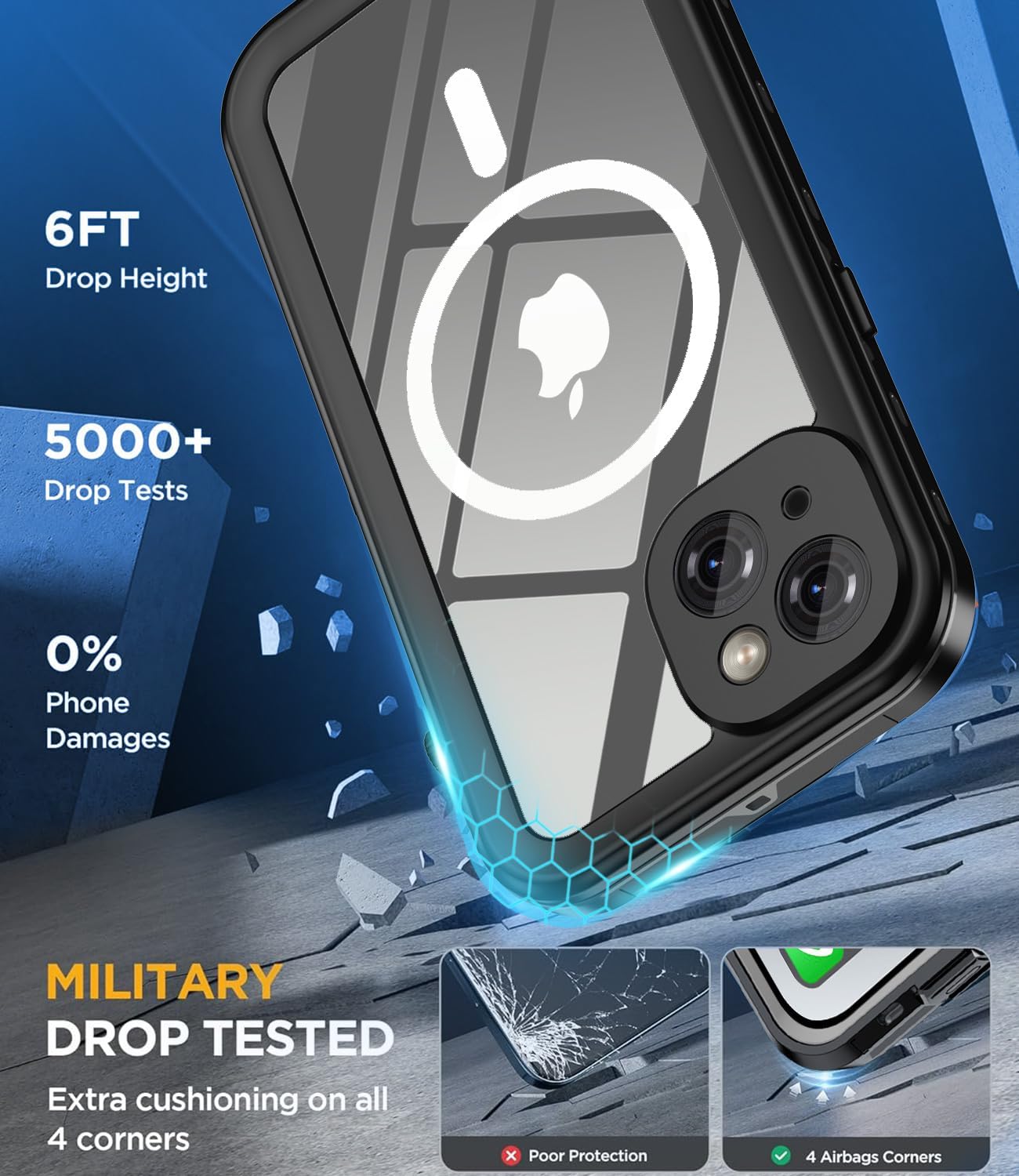 Design for iPhone 14 Case Waterproof 6.1'', Full Body Underwater Dustproof Shockproof Case Built-in Screen Protector - Black