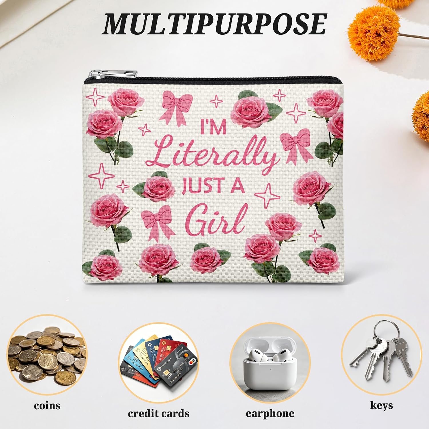 Coin Purse for Women Cute Pink Bow Pattern Small Floral Change Purse for Adult Friends Sister BFF Zipper Change Pouch Birthday Christmas Retirement Presents for Grandma Aunt Mom