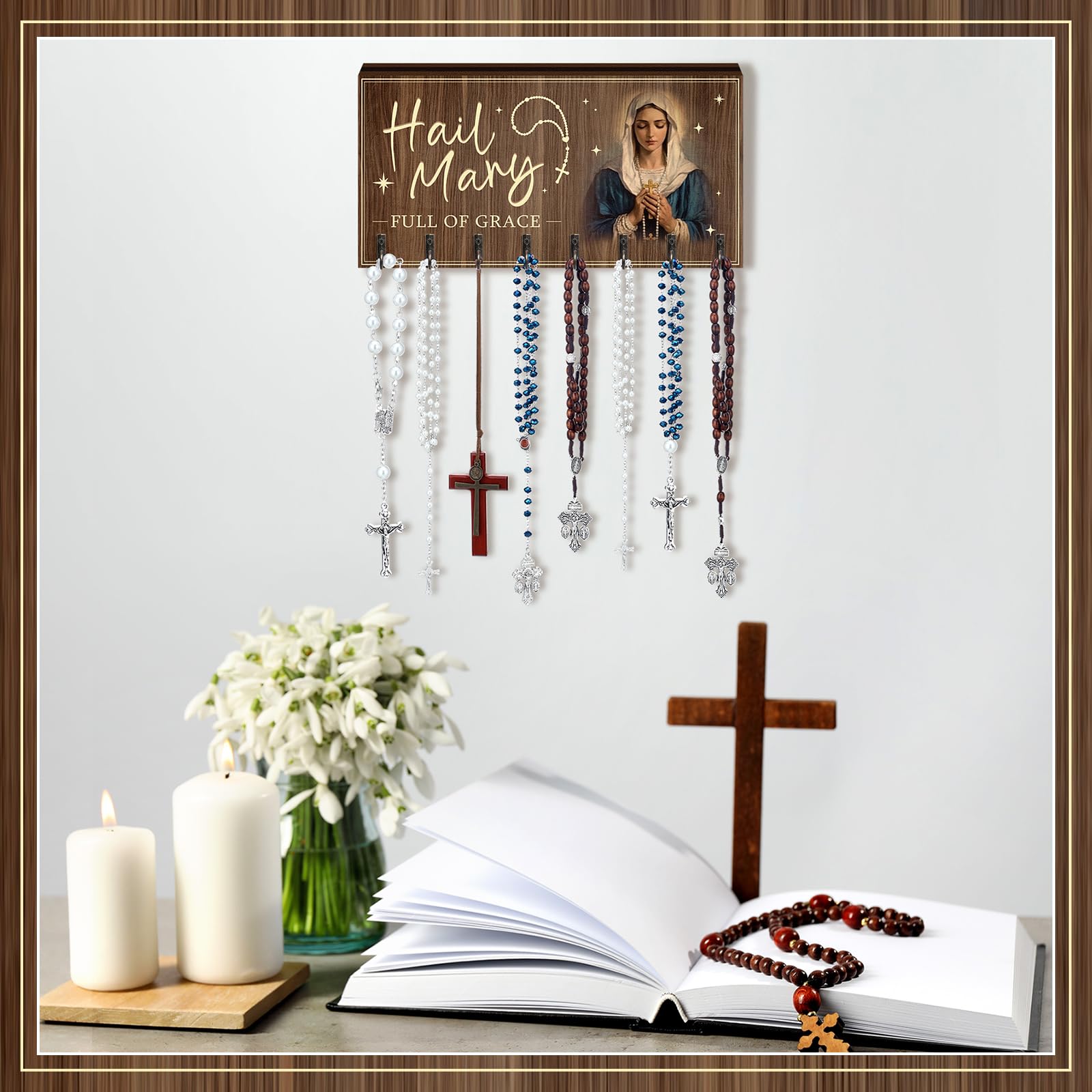 Colingmill Soporte grande de madera para rosario montado en la pared con 8 perchas, organizador de almacenamiento de rosario católico, soporte decorativo para collares, pulseras, almacenamiento de