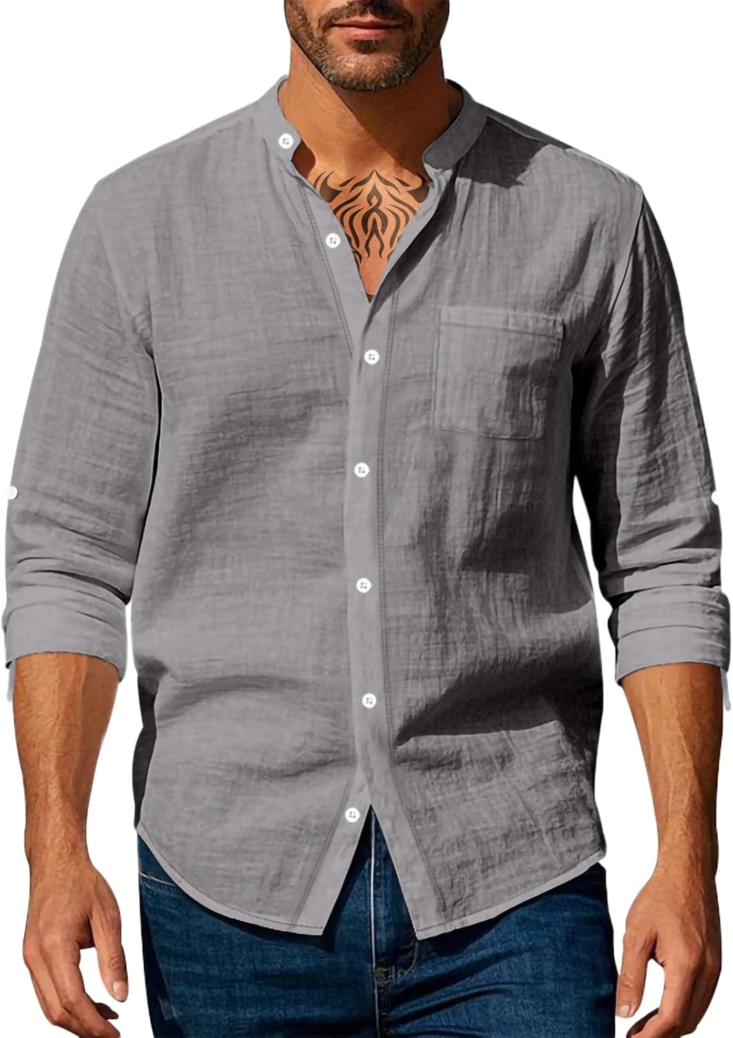 MARSVOVO Spring Autumn Shirt for Men Linen Solid Color Business Work Blouses Lightweight Breathable Trendy Casual Clothes