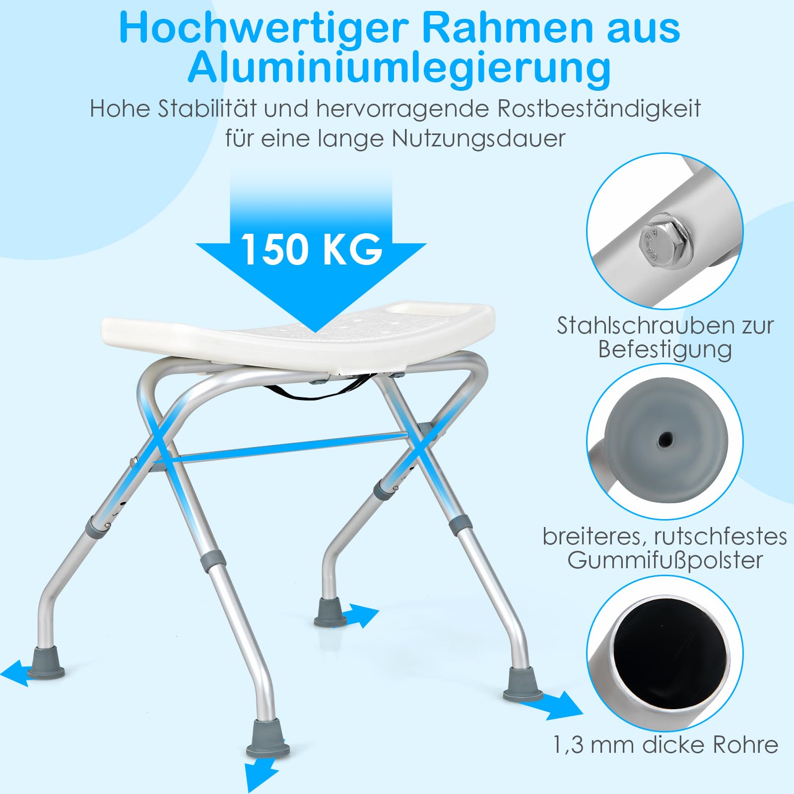 RELAX4LIFE Duschstuhl Höhenverstellbar 49-52,5 cm, Badhocker Klappbar, Duschsitz, Duschhocker, Aluminiumlegierung Rahmen, Anti-Rutsch-Gummifüße, Duschhilfe für Senioren, Belastbar bis 150 kg (Weiß)