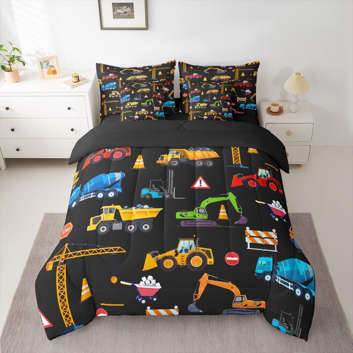 Feelyou Excavator Full Comforter Set with Sheets for Kids Boys Girls Construction Vehicles 7 Pieces Bedding Set Cartoon Car Bed in a Bag Room Decor Soft Lightweight Microfiber