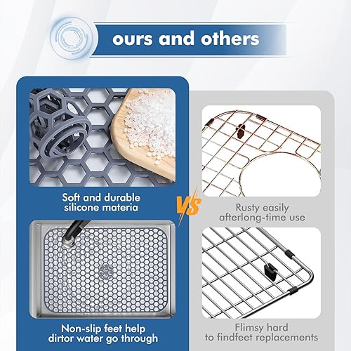 Miniatura 56 de Paquete de 2 tapetes de silicona para fregadero de 13.58 x 11.6 pulgadas, protectores para fregadero de cocina con drenaje central, rejilla Gris