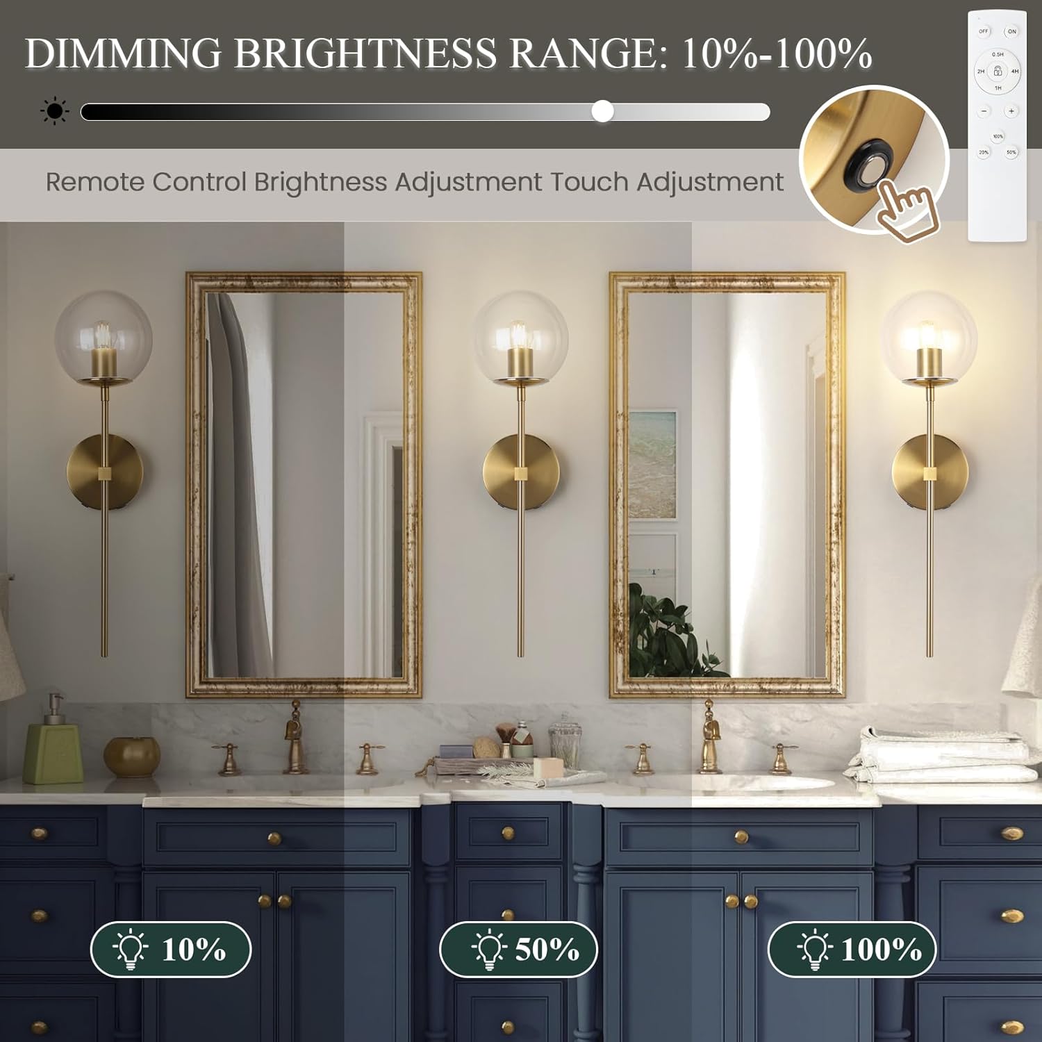 Battery Operated Wall Sconce Set of 2 Glass Globe 3000K Rechargeable Wall Light Fixture Wireless Wall Lights with Clear Glass Shade for Living Room, Hallway, Bedroom(2 Pack)