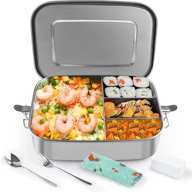 HOLIPOT Lunch Box Stainless Steel Bento Box 1800ml Large Metal Lunchbox with 4 Compartments Fork Spoon Cutlery Set Salad Box, Airtight Leakproof Bento Lunch Box for Adults Kids Food Storage Container