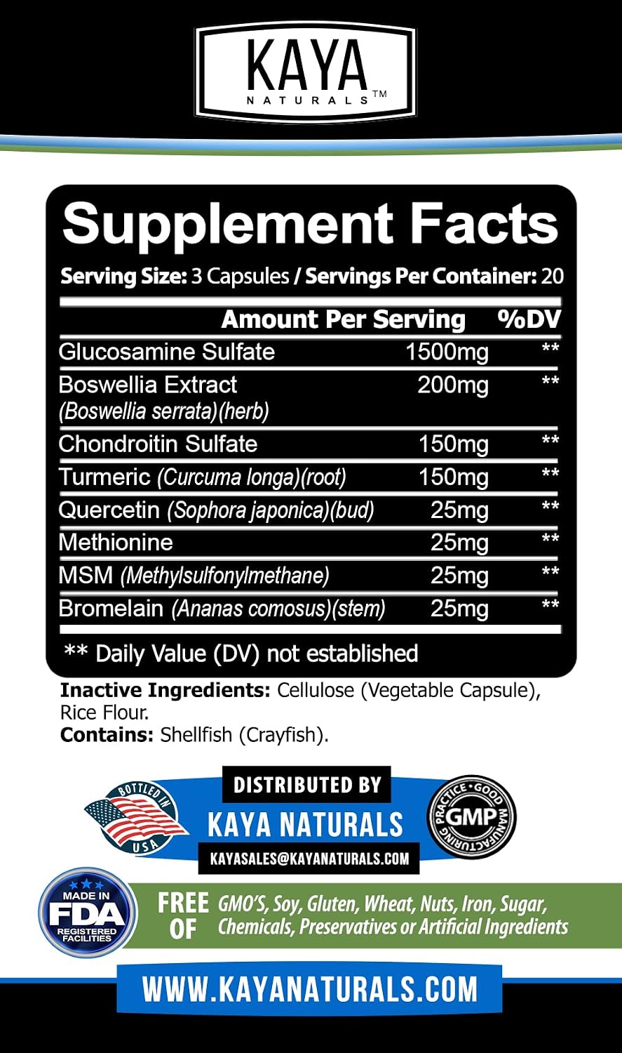 Kaya Naturals Joint Flex Aid | Joint Support Supplement for Men and Women | Turmeric Capsules with Glucosamine Sulfate, Boswellia Serrata and MSM | For Overall Knee Support and Joint Health (60 Count)