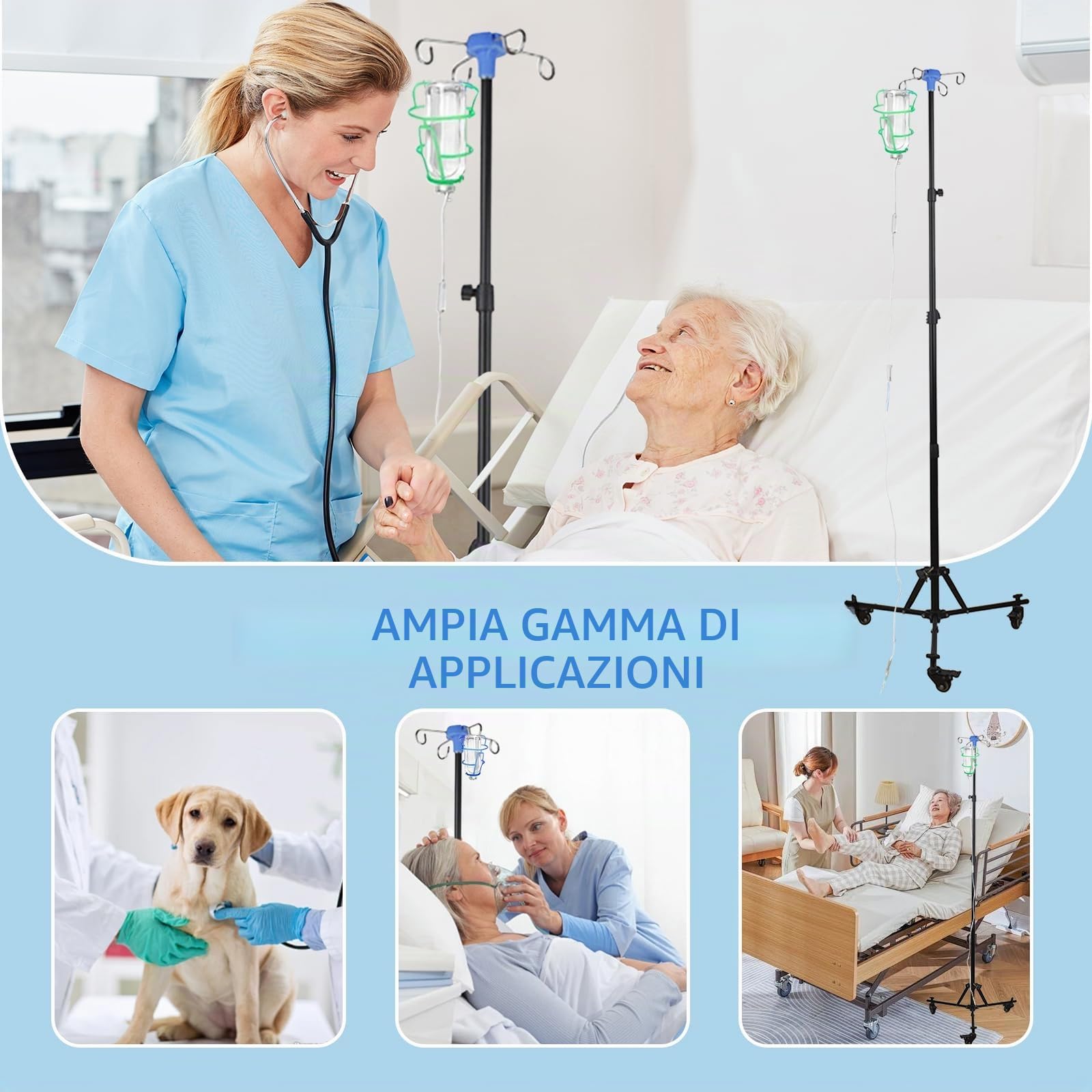 Supporto per Infusione con Ruote, Pieghevole Aste Portaflebo con 4 Ganci, Altezza Regolabile, Supporto per Asta IV Portatile per Ospedale e Cura Domestica
