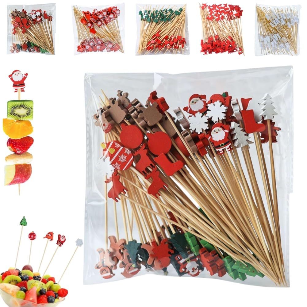 100PCS Christmas Cocktail Sticks,Vintage Themed Xmas Decoration Toothpicks,Bamboo Food Picks Fruit Sticks Wooden Toothpicks Xmas Bamboo Skewers Cocktail Stick for Drinks Canapes Appetizers
