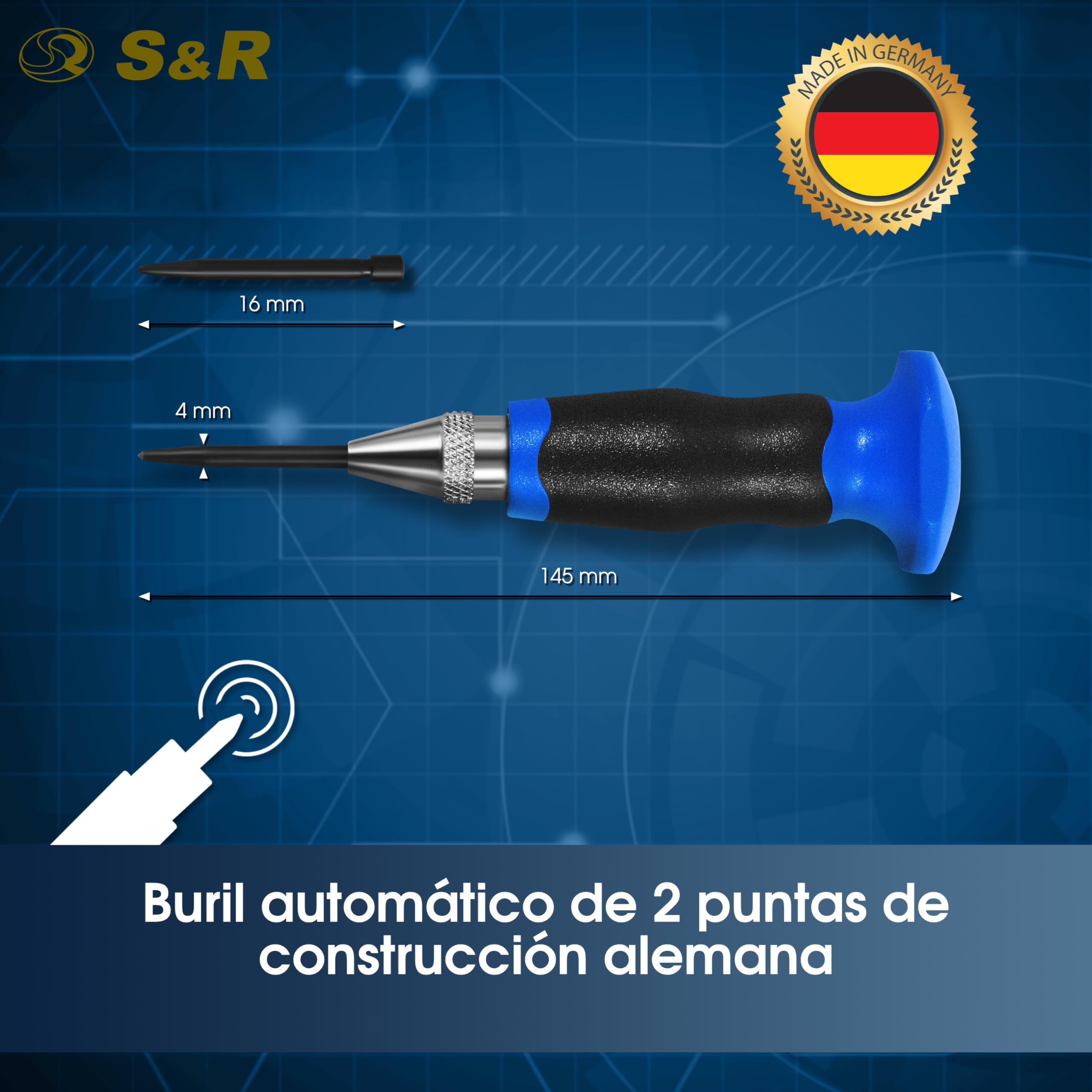 S&R Punzón Botador Automático Regulable 60-130 N con punta de respuesto - Made in Germany