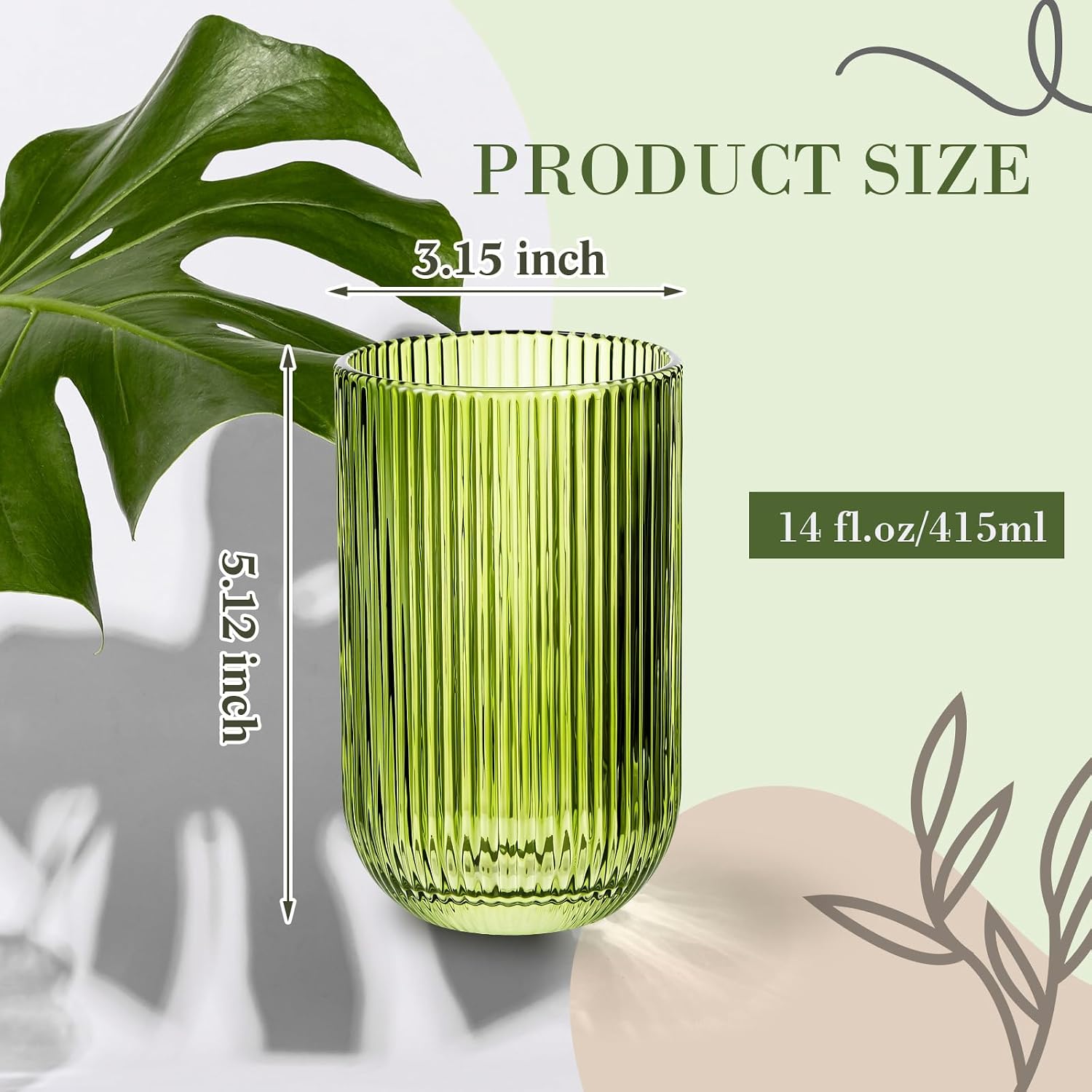 Reallnaive Green Tumbler Fluted Drinking Glasses Set of 8,14oz