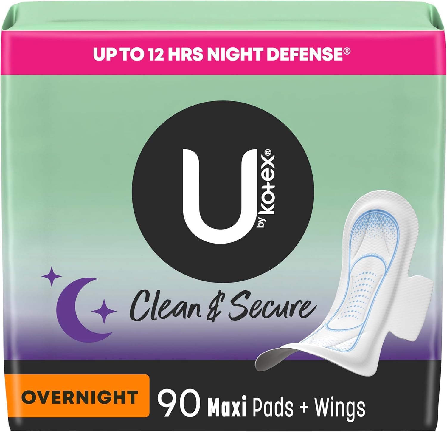 U by Kotex Clean & Secure Overnight Maxi Pads with Wings, 90 Count (3 Packs of 30) (Packaging May Vary) U by Kotex Clean & Secure Overnight Maxi Pads with Wings, 90 Count (3 Packs of 30) (Packaging May Vary)