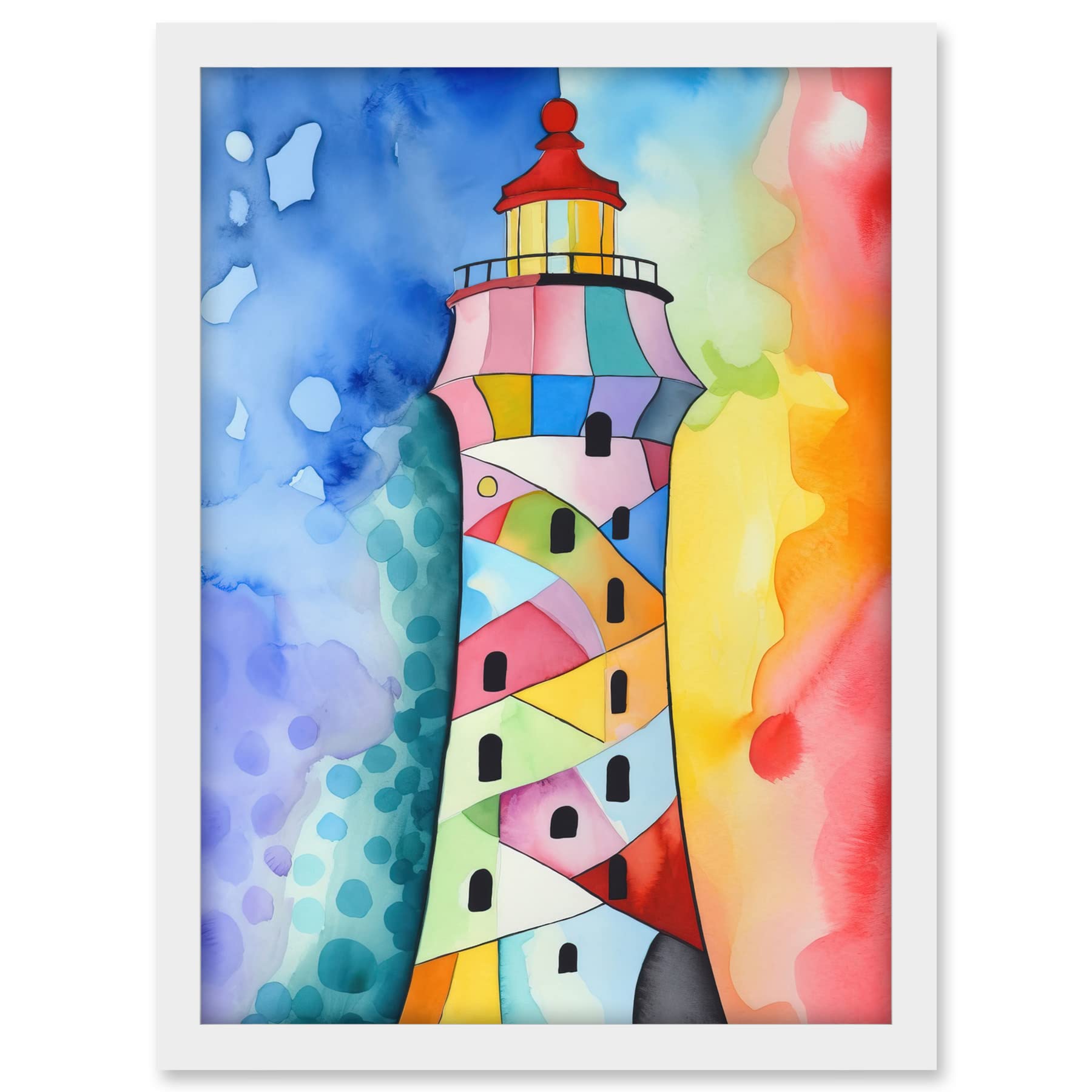 Artery8 Lighthouse Concept With Rainbow Colour Sky Folk Art Watercolour Painting Artwork Framed A3 Wall Art Print