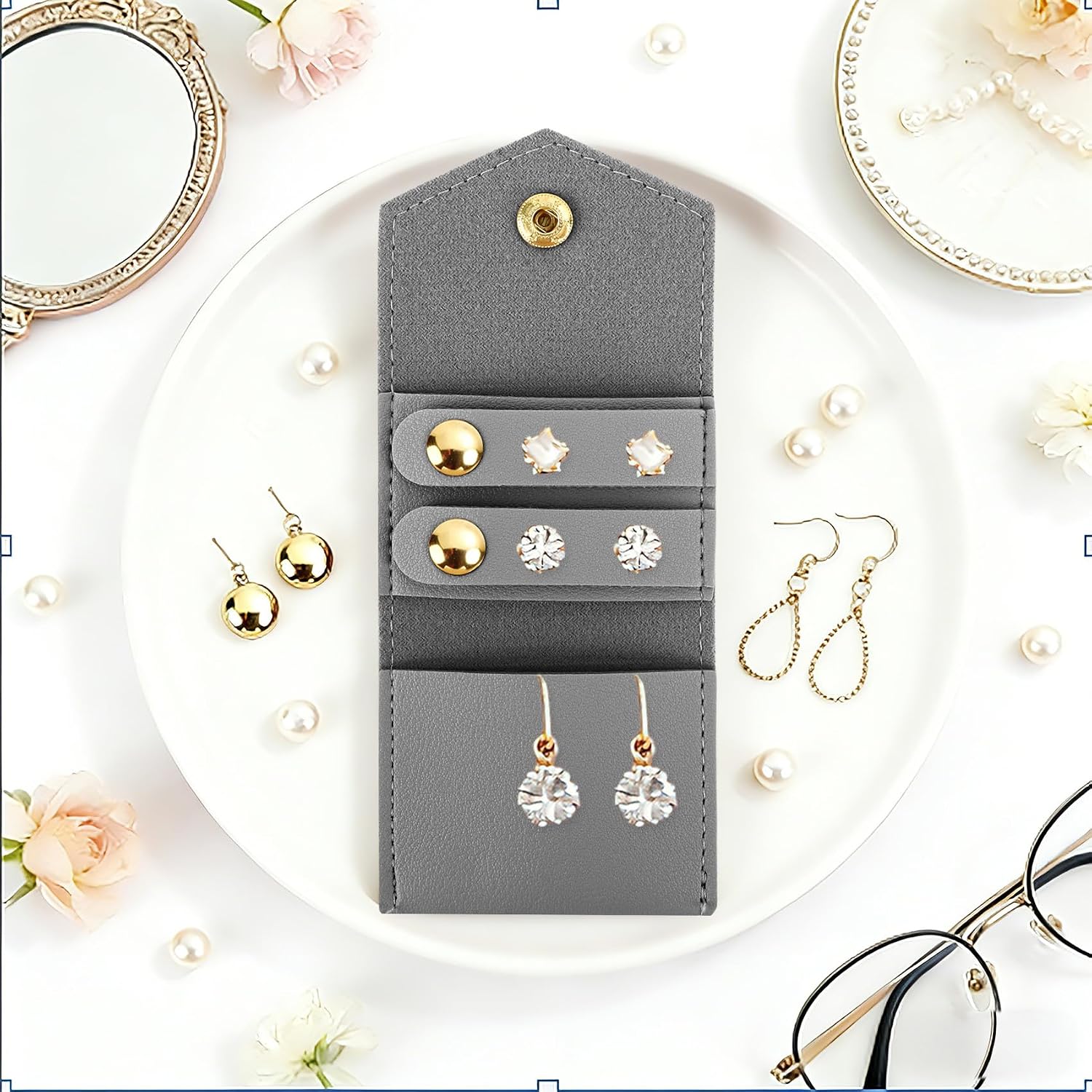 Grey Mini Travel Jewelry Bag Foldable Small Size Portable Leather Ring Case Earring Pouch Soft Organizer Tiny Traveling Jewelry Rolls Zippered Pocket Case Stocking Stuffers Gifts for Women Girls