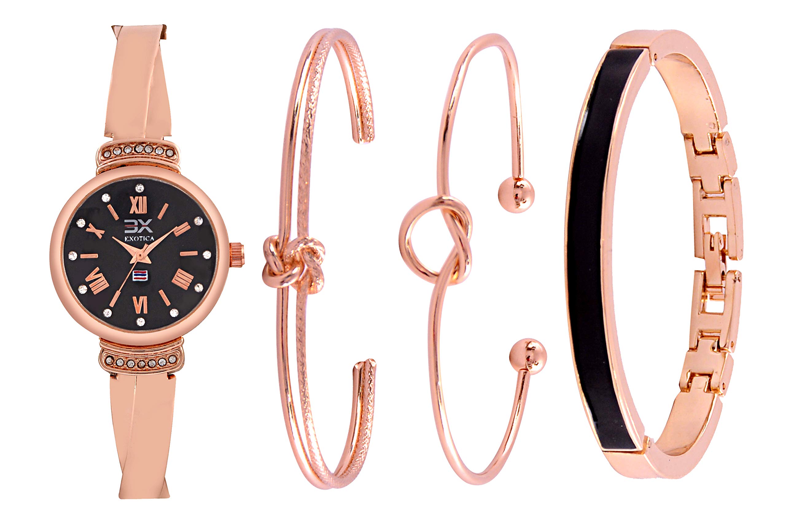 Exotica Fashions Womens Swarovski Crystal Accented Texture Bangle Watch and Bracelet Set (Pack of 4) (B08DNHLLZJ) Amazon Price History, Amazon Price Tracker