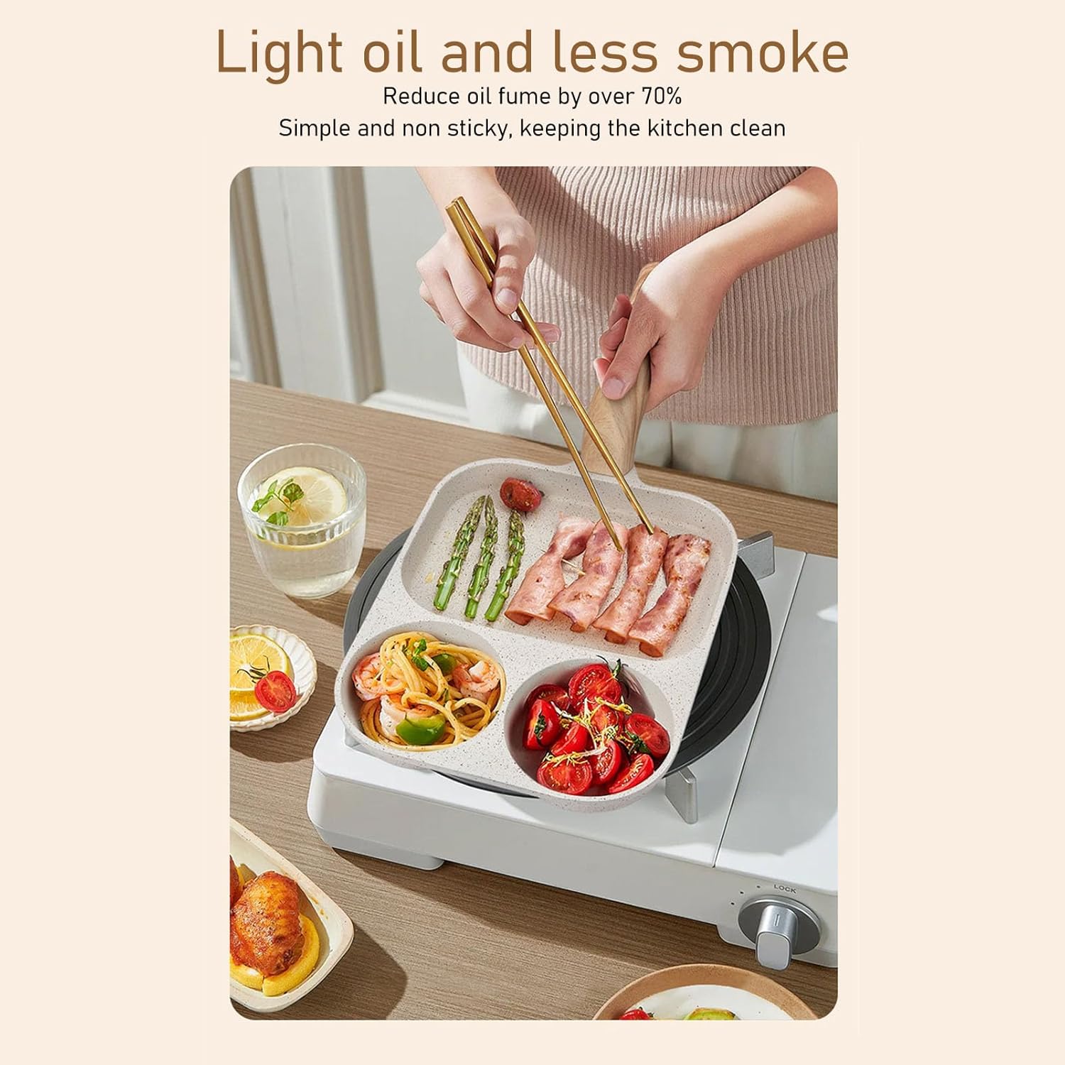 Pssopp Divided Frying Pan, 3 Section Grill Pan All in One Fried Egg Pans for Breakfast Gas Stove Induction Cooker