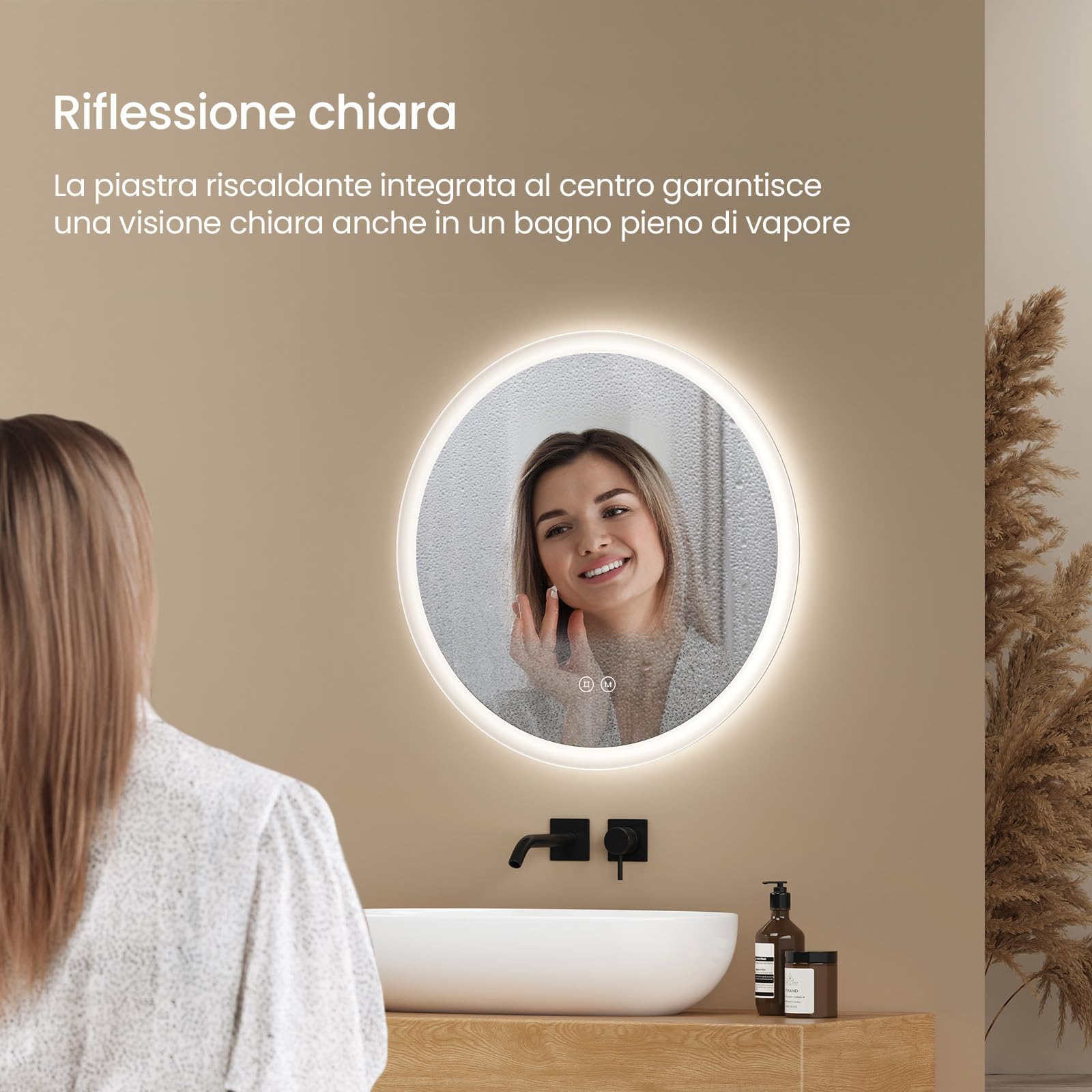 EMKE Specchio da bagno Rotondo 60x60 cm – Anti-Appannamento, Specchio bagno con luce con 3 tonalità di colore, luminosità regolabile, memoria, spegnimento automatico dopo 3 h, specchio LED