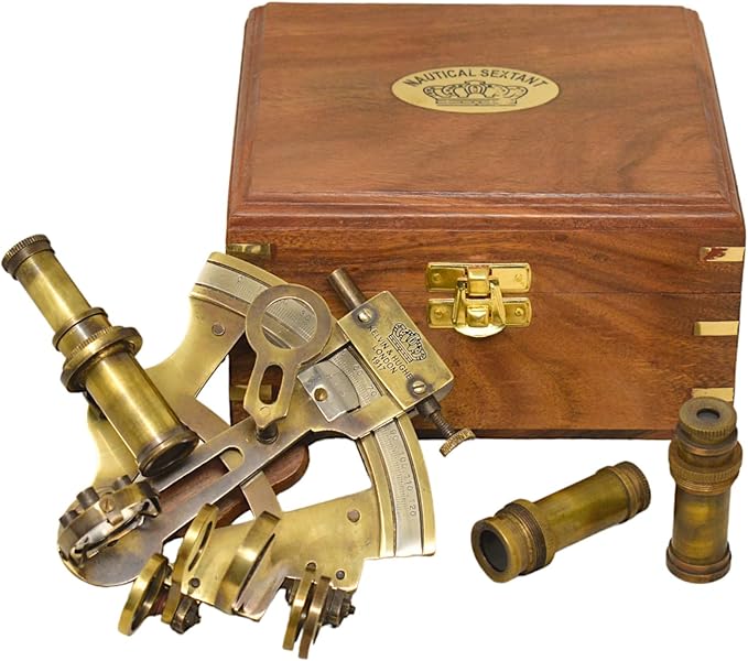 Sextante Náutico de Latón Vintage con Telescopio y Estuche de Madera miniatura 2