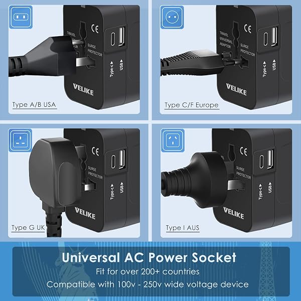 海外 変換プラグ 全世界対応 VELIKE 旅行用コンセント 1つUSB-Cと1つUSB-Aポート付き C/O/BF/Aタイプ付き 海外電源変換器 マルチ変換プラグ 電源変換アダプター 韓国/ヨーロッパ/オーストラリア/イギリス/アメリカ/中国などの国に対応 旅行便利グッズ 200ヶ国以上通用 - 2