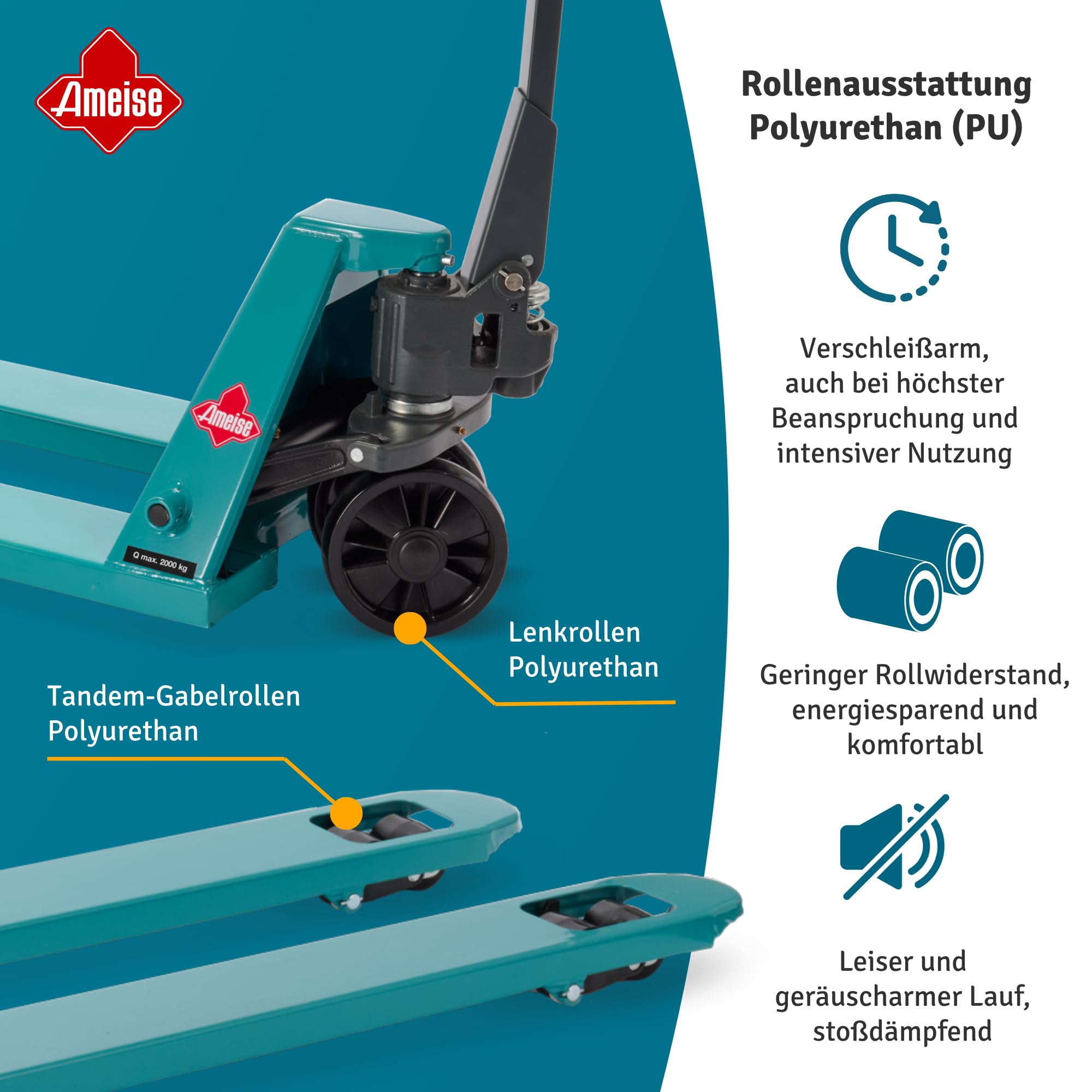 Ameise Hubwagen PTM lang | 2.000 kg Tragkraft | 2.000 mm Gabellänge | Lenkrad/Gabelrolle aus robustem Polyurethan | Tandem-Gabelrollen | Palettenhubwagen