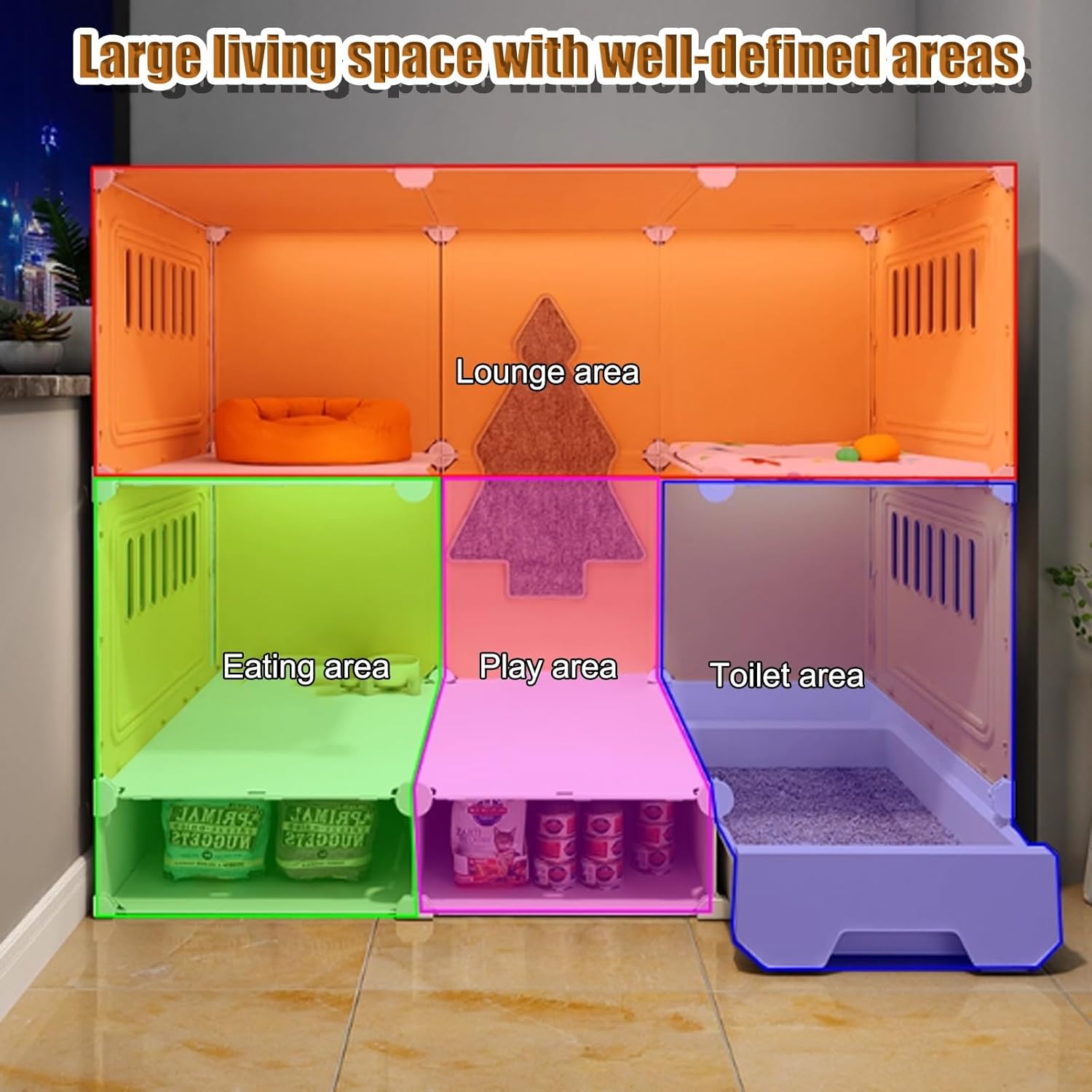 Large Indoor Cat Cage with Litter Box, Transparent Windows & Secure Knob Locks, Spacious Pet House with Open Storage for Cats, Luxury Enclosure for Comfort & Safety