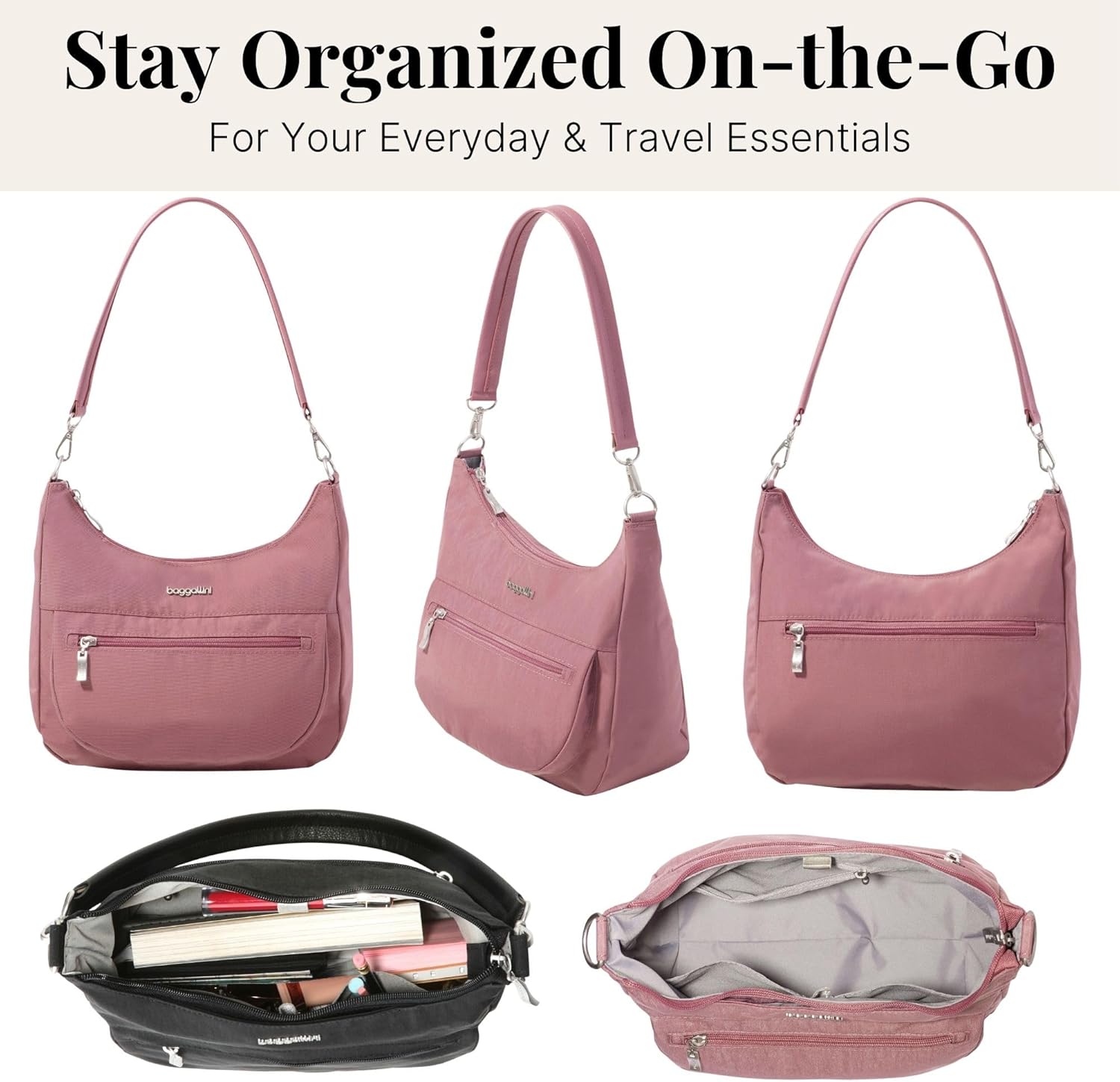 Baggallini Modern Pocket Half Moon 11"x10.5" Shoulder Women W/Replaceable Straps Converts to Crossbody Bag