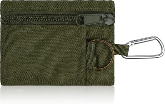 Small Coin Purse, Unisex Portable Nylon Zip Coin Pouch, Mini Tactical Keychain Pouch Change Purse with Carabiner Green