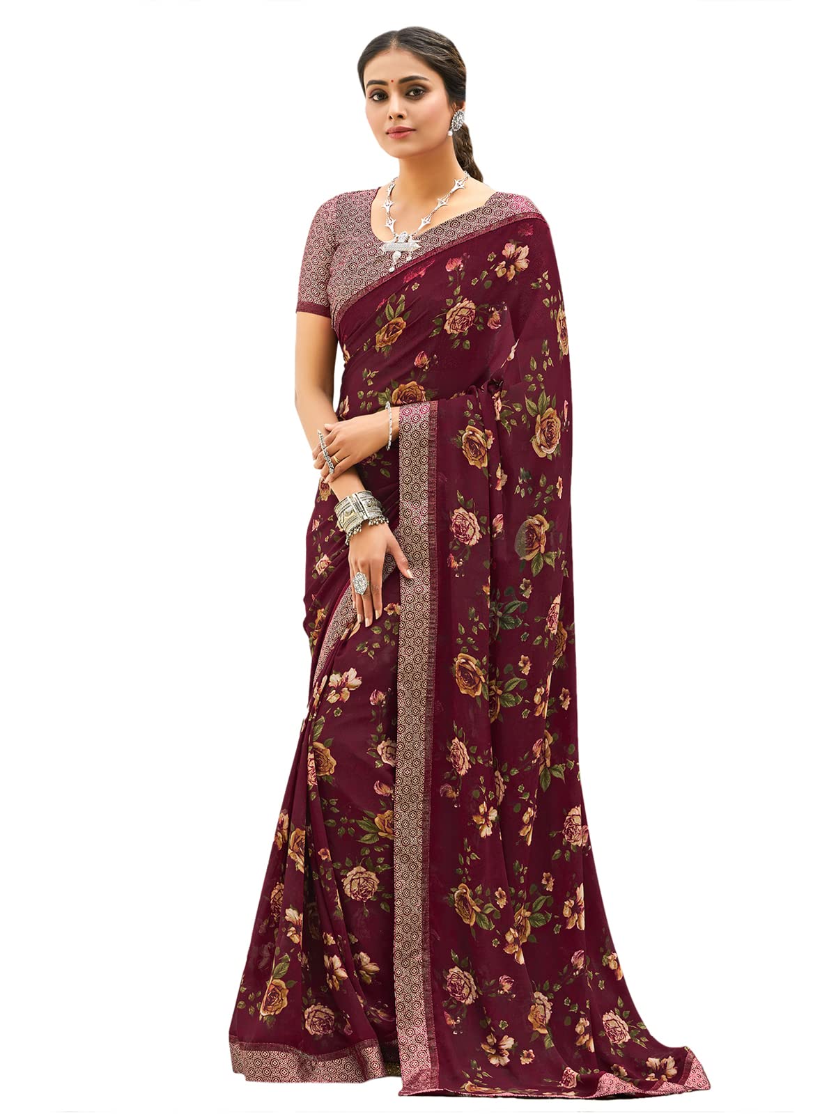 SIRILWomen's Floral Printed & Satin Border(Printed) Gerogette Saree with Unstitched Blouse Piece(2382S26304_Maroon & Multi), Maroon & Multi, One Size