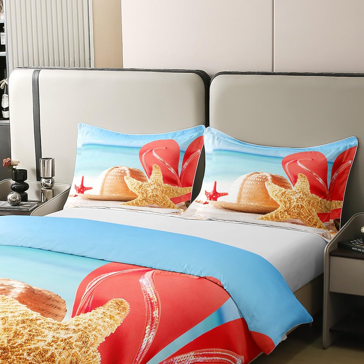 Set di biancheria da letto con copripiumino per letto king size, 100% cotone, motivo: stelle marine, con conchiglie da spiaggia, per campeggio, vacanze estive hawaiane, set da letto con 2 federe