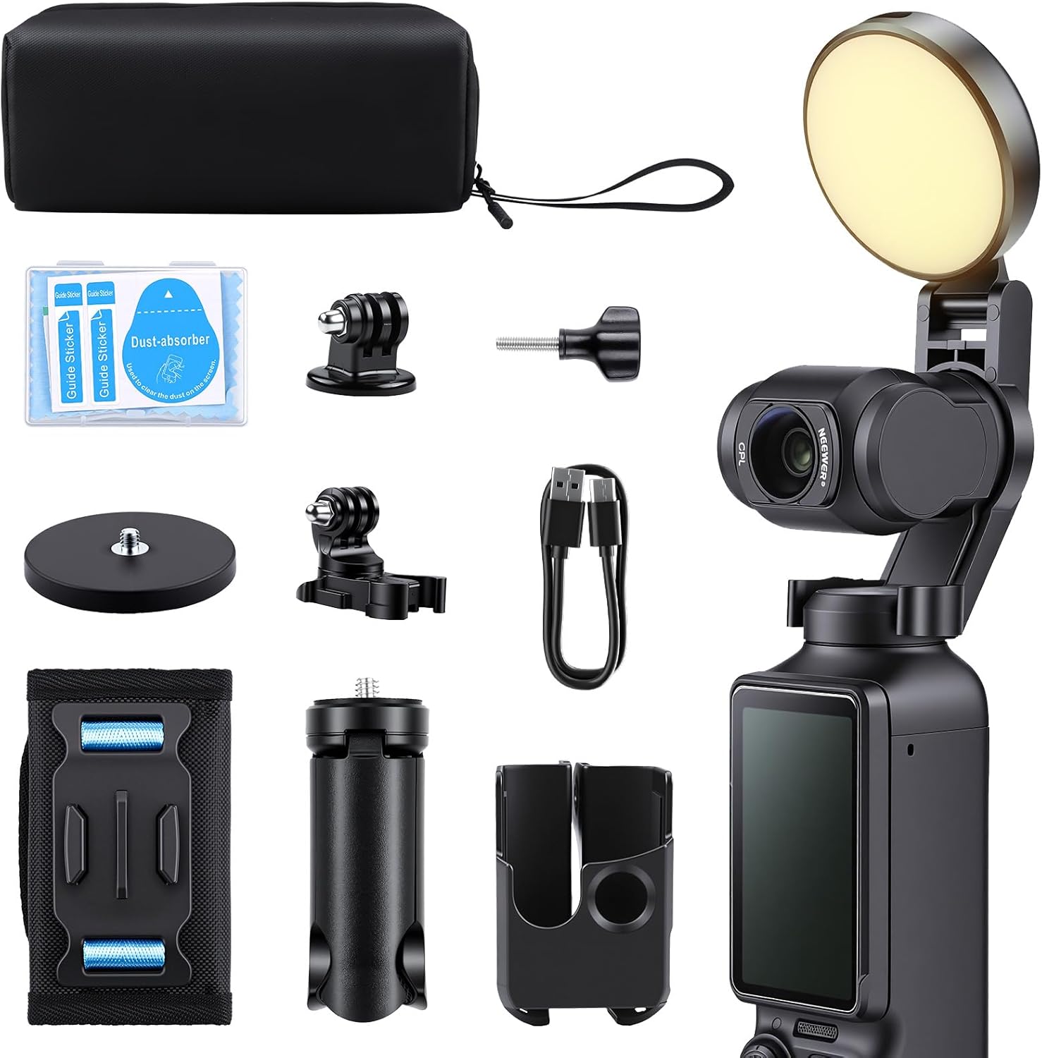Accessories Kit for Osmo Pocket 3, Included Mini Tripod, Fill Light, Magnetic Base, Backpack Clip, Screen and Lens Protector, Camera Frame Case, Portable Storage Bag and Others