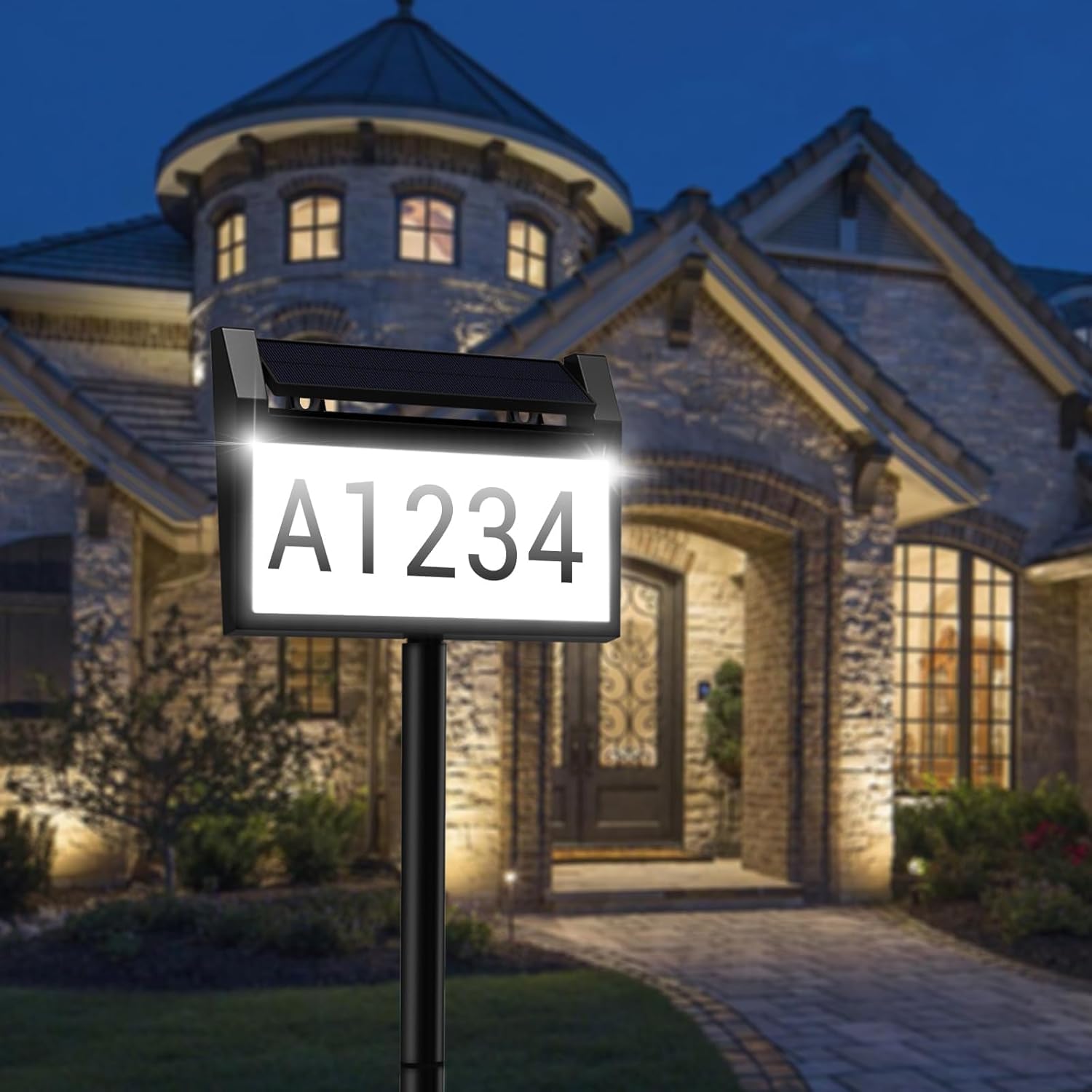 Solar House Number Sign, deerdance LED Illuminated Outdoor Address Plaque with Smart Control, 3-Color in 1 Waterproof Solar Powered House Number Light with Stakes for Outside Home, Yard, Street, House
