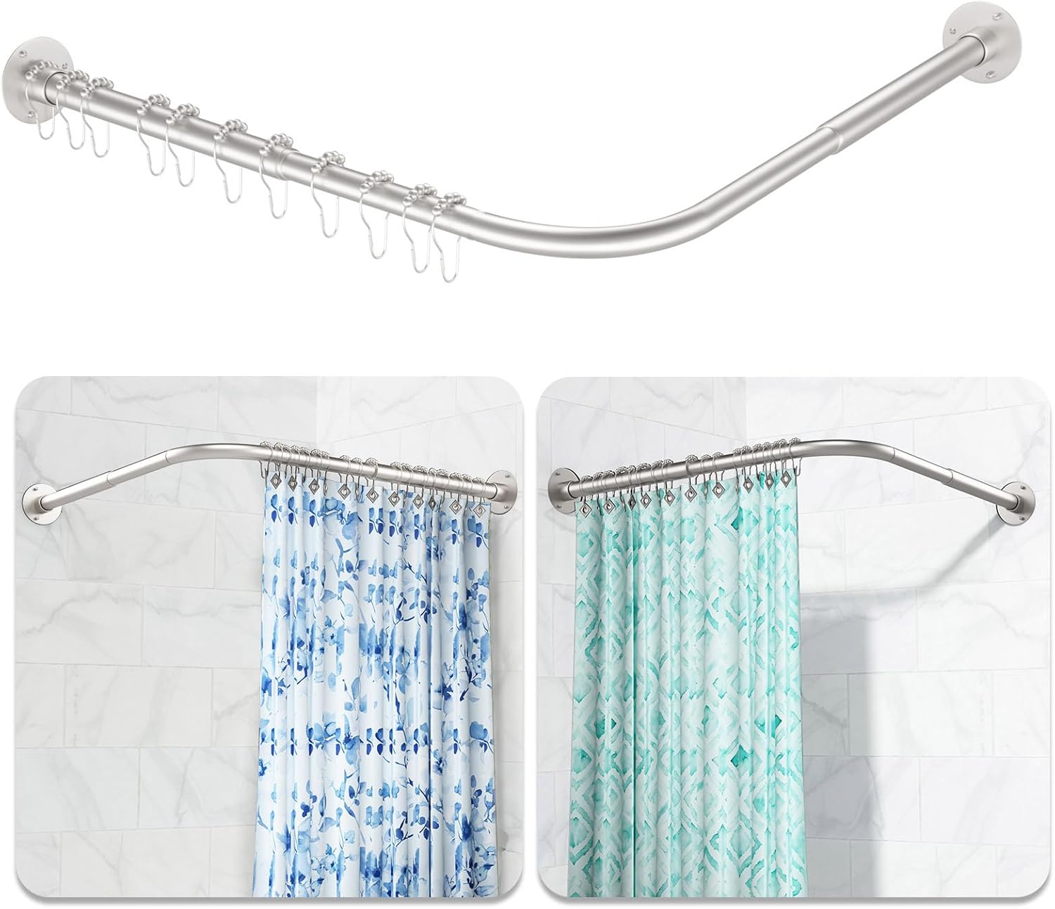 L Shaped Shower Curtain Rod, [24"-50"] x [24"-50"] Adjustable Corner Shower Curtain Rod No Sagging 90 Degree Curtain Rod with 12 Shower Rings for Bathroom, Silver