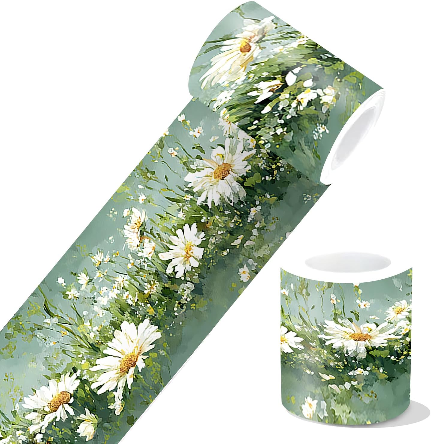 Watercolor Daisy Floral Wallpaper Border Peel and Stick, 196x4 Inch Sage Green Botanical Wall Trim, Removable Self Adhesive White Flower Wall Border for Bedroom Bathroom Kitchen Cottage Home Decor