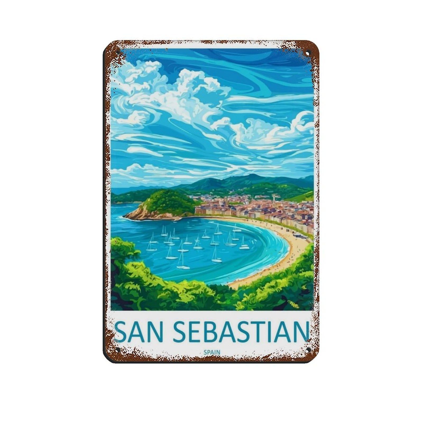 San Sebastian Cartoon Travel Poster Spain Art Tin Sign Vintage Metal Pub Club Cafe Bar Home Wall Art Decoration Poster Retro 8x12inch(20x30cm)