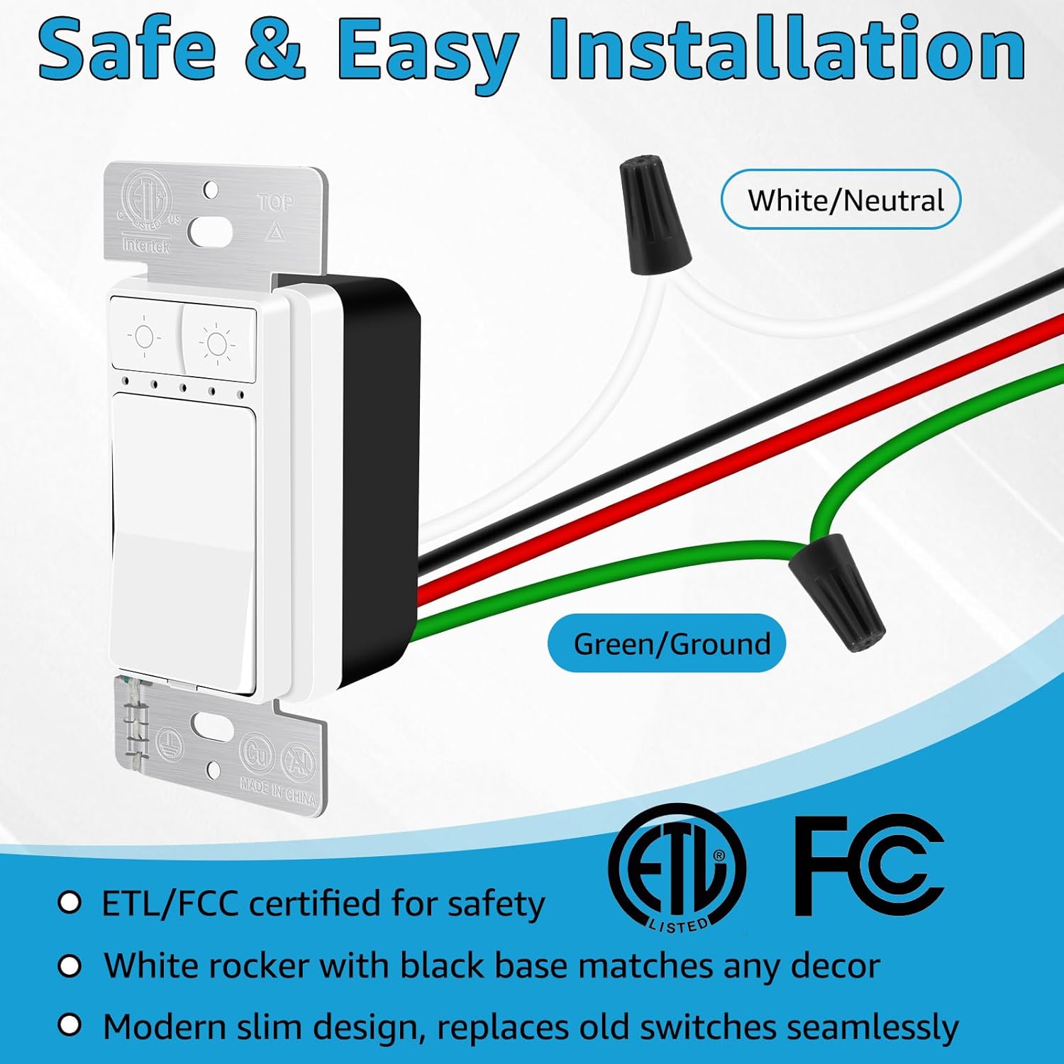 20 Pack Single Pole Dimmer Light Switch, Neutral Wire Required, Work with LED/CFL (150W Max) & Halogen/Incandescent (600W Max), 5 Brightness Levels, ETL/FCC Certified