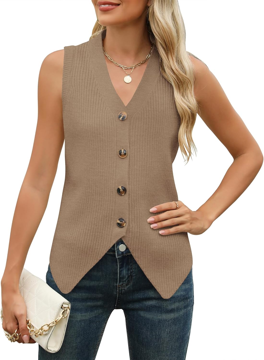 Rapbin Womens Sweater Vest Button Down Sleeveless V Neck Tank Tops 2024 Fashion Trendy