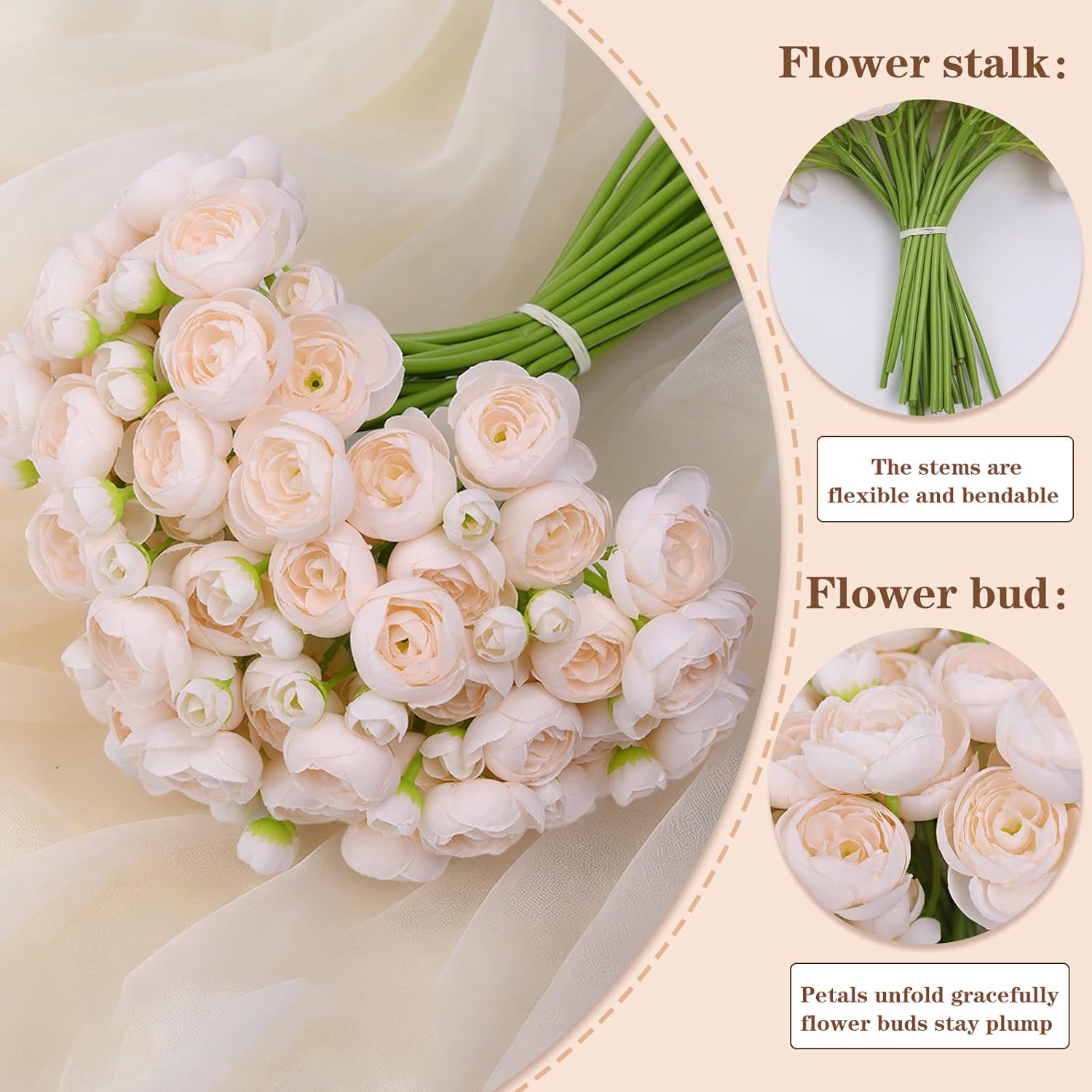 Meldel 32Pcs Ranunculus Artificial Flower, Faux Light Champagne Ranunculus Flowers for DIY Bouquet, Bulk Fake Peony Wedding Filler Flowers for Centerpieces Arrangements Bridal Shower Decorations