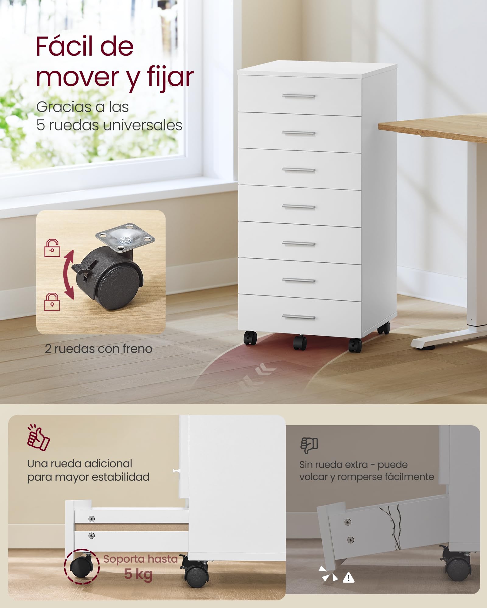 VASAGLE Custos Colección - Archivador Móvil, Armario Móvil de Archivos, Cajonera, Soporte para Impresora con 7 Cajones, con Guías Deslizantes sin Tornillos, para Oficina, Casa, Blanco Nube OFC085WB02