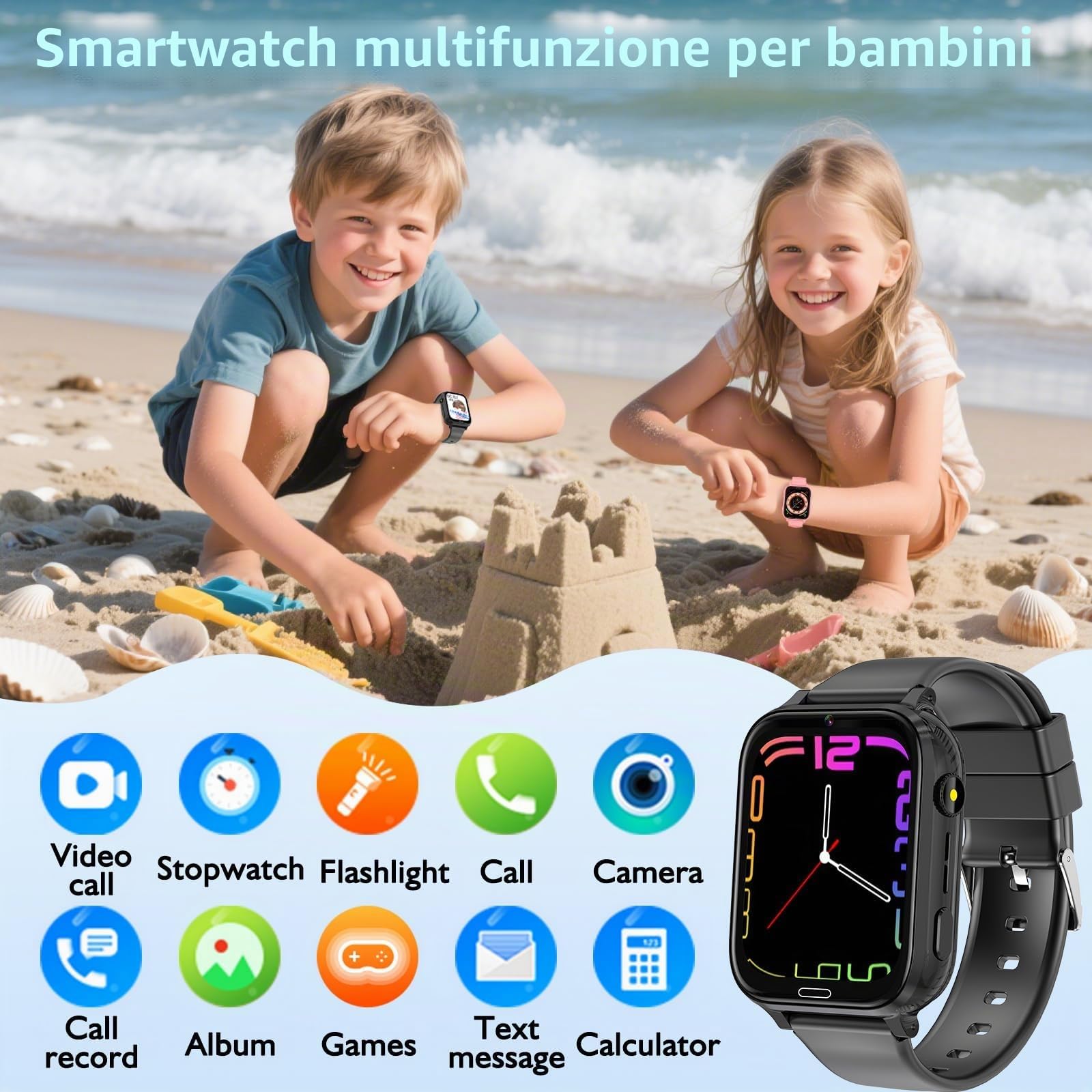 MOONKIDS 4G Orologio Smartwatch Bambini, Smartwatch con Sim, Fotocamera Torcia Sveglia Audiolibri, Orologio Intelligente per Ragazza e Ragazzo (Nero 1)