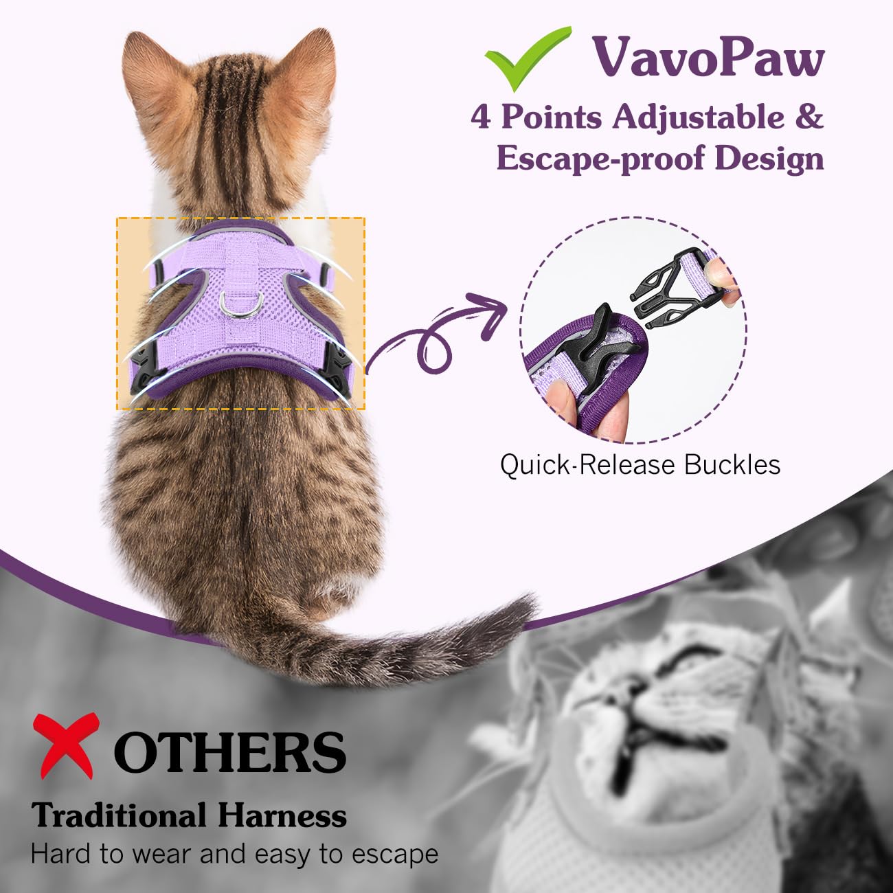 VavoPaw Pettorina per Cani con Guinzaglio da 1,5M, Imbracatura per Gatti Antifuga con Rete Traspirante e Strisce Riflettenti, Gilet Morbido e Regolabile per Cani Gatti, M, Viola Chiaro