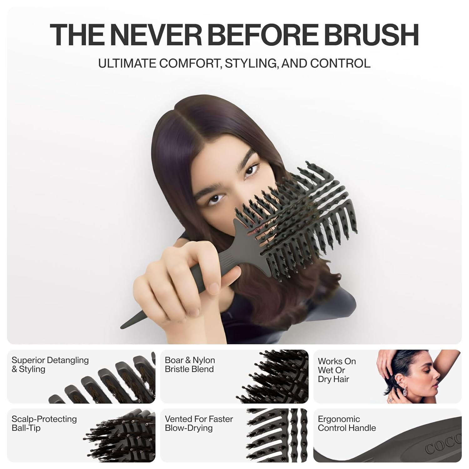 COCCO Aura Vent Boar Brush | Vented Dual-Curved Design for Faster Drying, Effortless Detangling & Shine, Boar + Nylon Bristles, Ergonomic Comfort Handle for Wet & Dry Hair Styling - Black