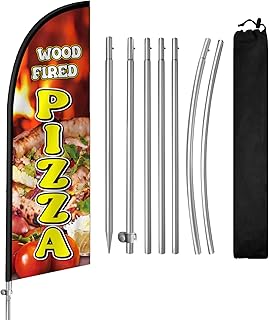 Wood Fired Pizza Flag for Business, 8FT Wood Fired Pizza Feather Flag Banner, Polyester Advertising Swooper Flag with Aluminium Alloy Flag Pole Kit, Stainless Steel, Ground Spike, Portable Bag