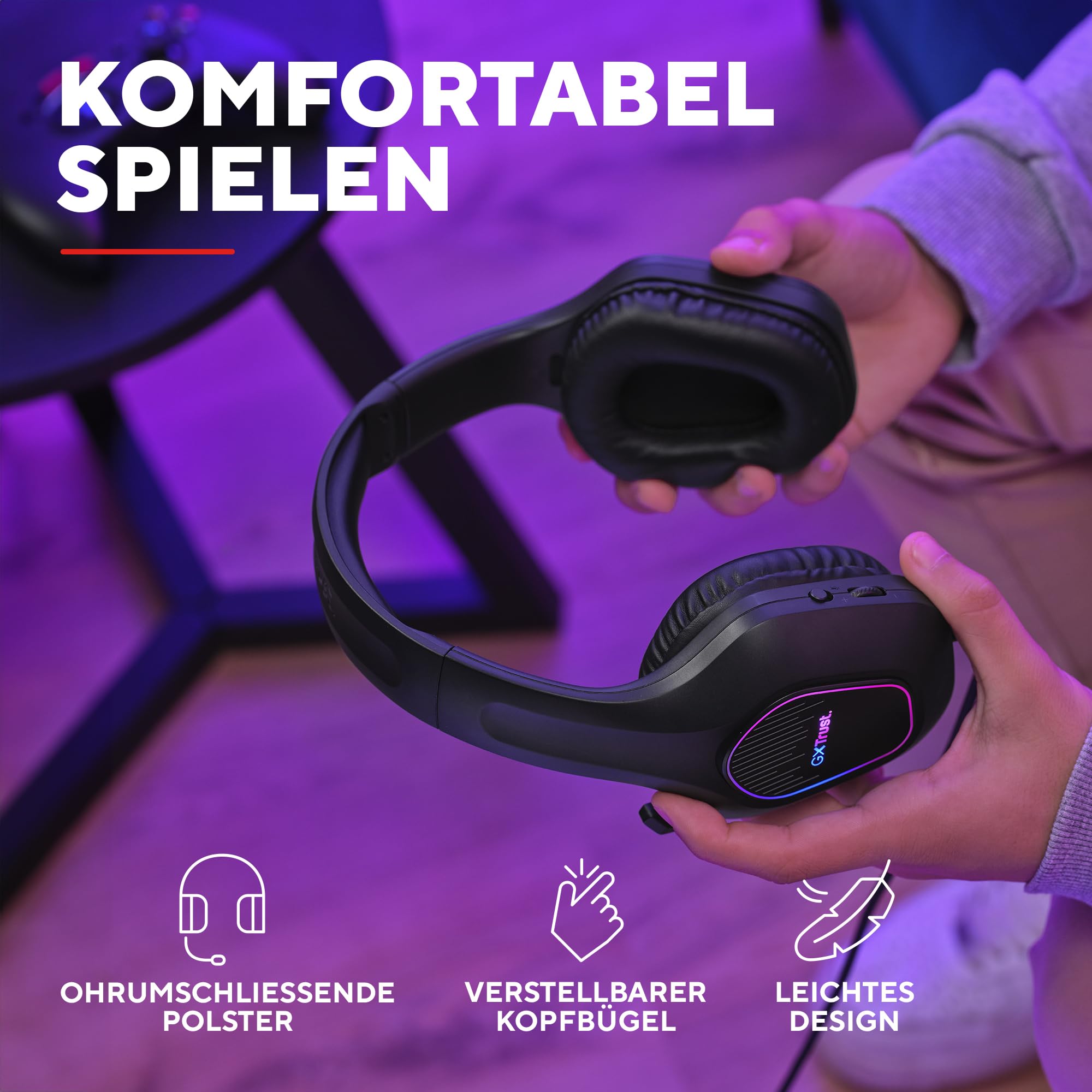 GXTrust Rayne Leichtes Gaming Headset mit USB-betriebene LED Beleuchtung | Over-Ear, für PC Computer Laptop Konsole, 50-mm-Treiber, 3,5 mm Audioanschluss, Kopfhörer mit Kabel, Schwarz