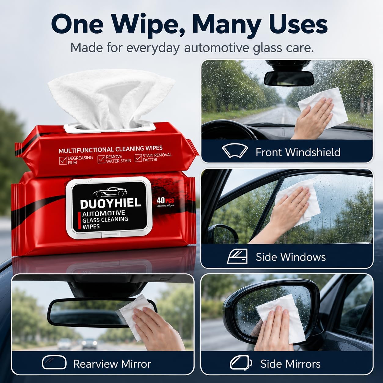 Car Glass Cleaning Wipes, 40 PCS Automotive Windshield Oil Film Remover Wipes for Car Windows, Mirrors & Windshield, Disposable Auto Glass Cleaner Wipes for Haze, Smudges, Water Spots, Dirt & Residue
