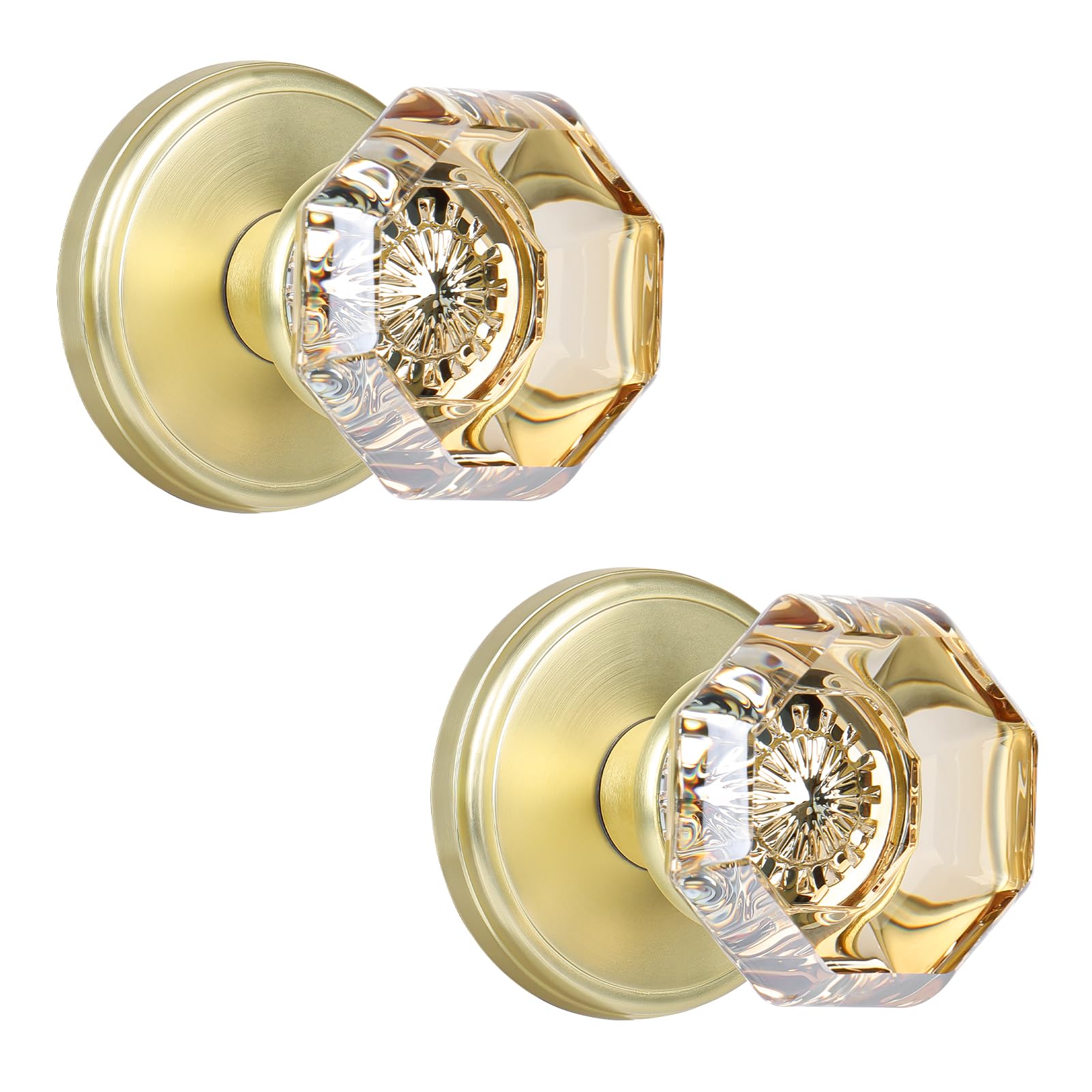 Clctk Champagne Crystal And Gold Finish Champagne Crystal Glass Dummy Door Knob, Bifold Closet Gold Satin Brass Door Knobs Round Dummy Door Handles Non-Turning Single Side, 2 Pack