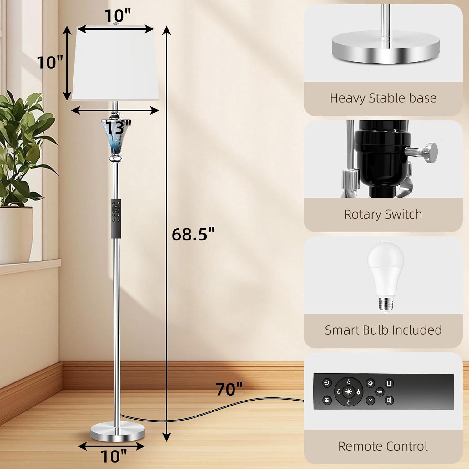Blue Glass Floor Lamp, Smart Floor Lamps for Living Room, Modern Standing Lamps with Remote Control, Stepless Dimmable Colors Temperature & Brightness, Tall Floor Lamp For Bedroom Office, Home Decor