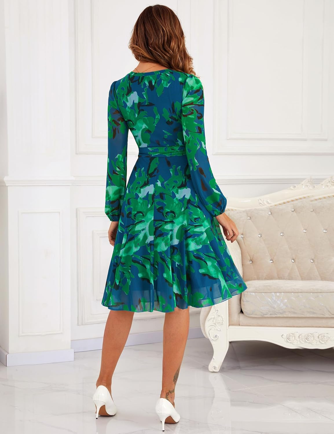 Zattcas Women's 2026 Spring Mesh Long Sleeve Floral Midi Dress Crew Neck A Line Flowy Cocktail Party Wedding Guest Dress - Image 4