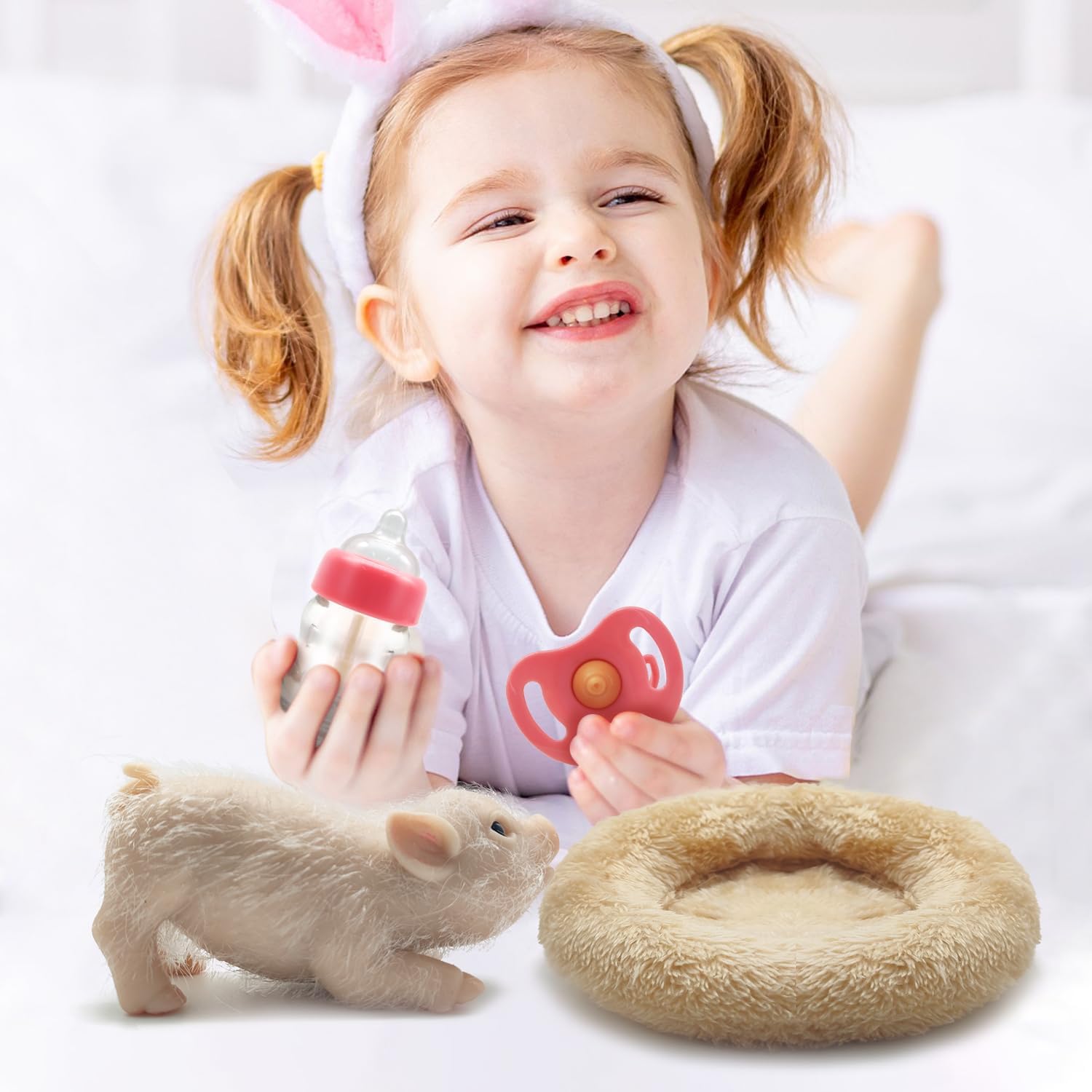 Christmas Silicone Piglet Doll Toy, 4.7 in mini Realistic Piglet, Elastic Animal Full Body, Cute Animal Reborn Pig, Lifelike Little Pig Doll with Soft Body.(White Pig Kit)