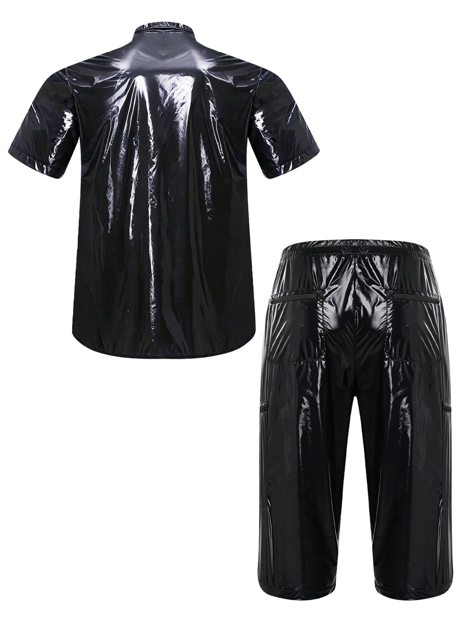 Uomo Look Wetlook Abito Due Pezzi Camicia E Pantaloni Corti Party Discoteca Outfit Nero 3XL