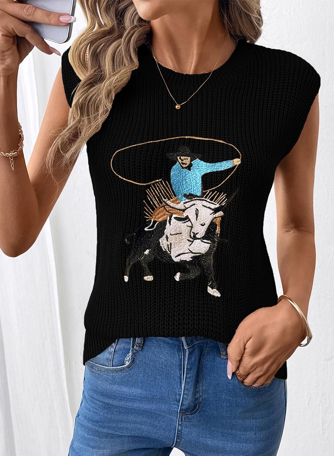 SHEWIN Women's Western Sweater Vest Crewneck Sleeveless Tops Cowgirl Casual Embroidered Tank Top 2026 - Image 4