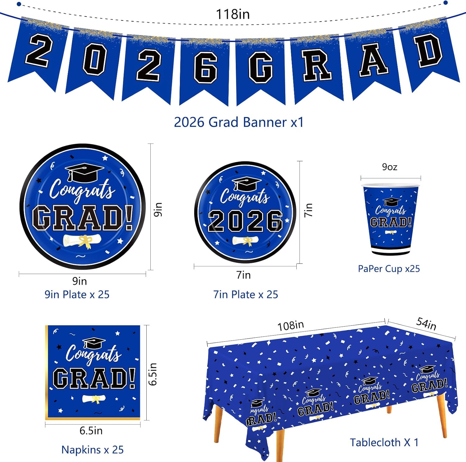 Graduation Decorations 2026 Disposable Blue Graduation Tableware Kit for 25 Guests Plates Napkins Cups Tablecloth Hanging Graduation Party Decorations 2026 - Image 3